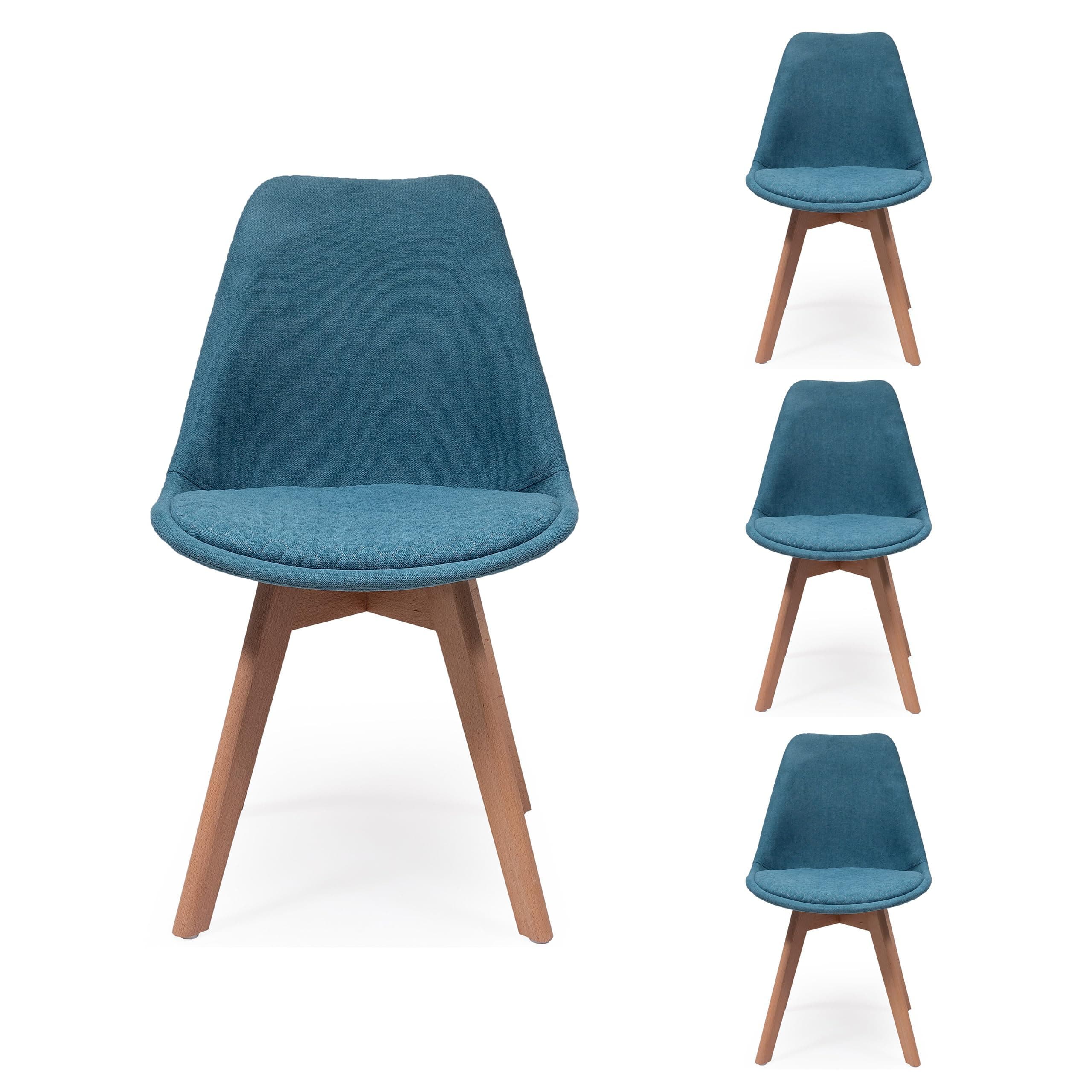 Silla de comedor azul tapizada con patas de madera clara