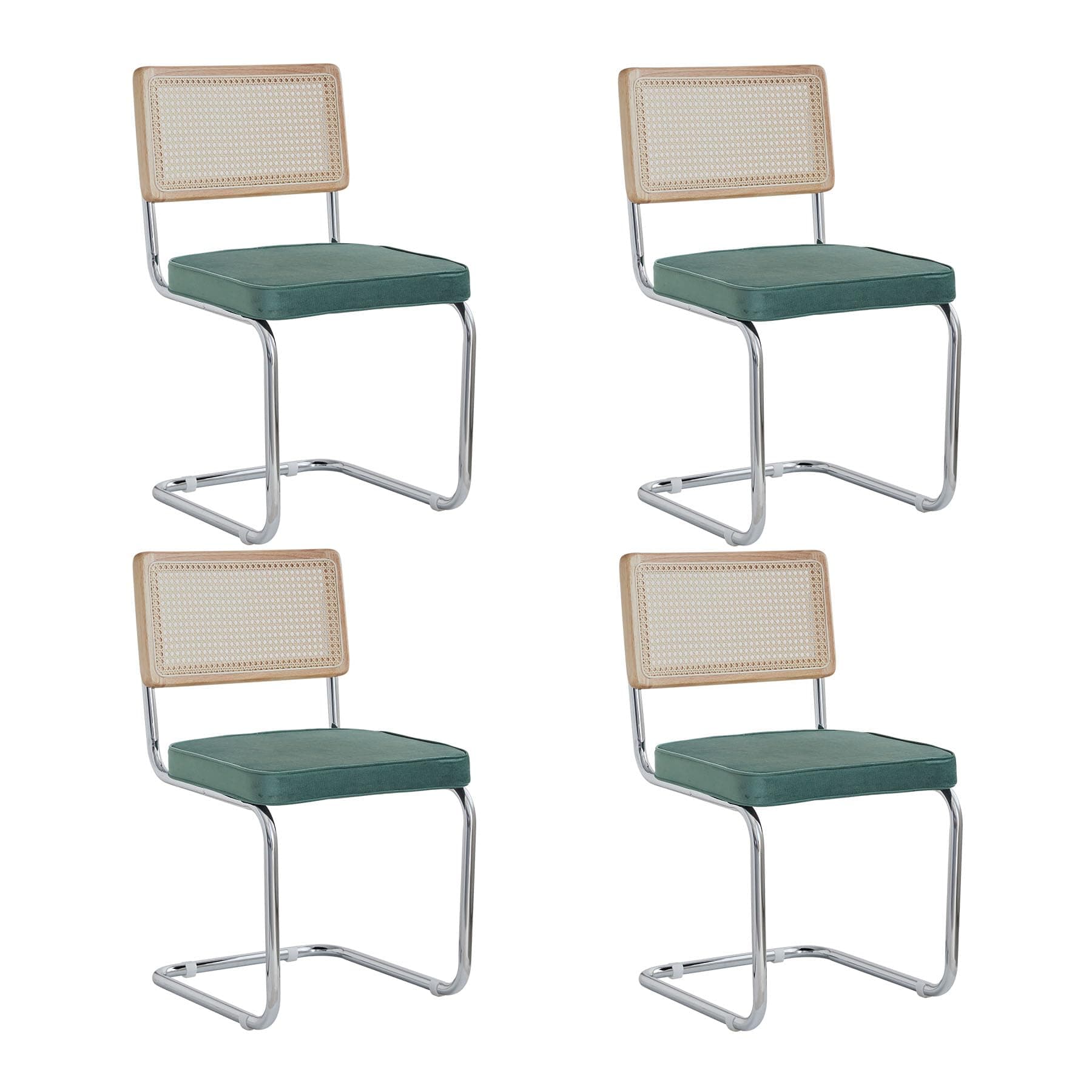 Silla de comedor cantilever con rejilla de ratán y tapizado verde