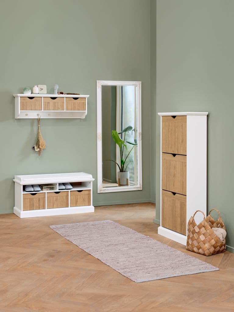 Banco zapatero blanco y madera con 3 cajones