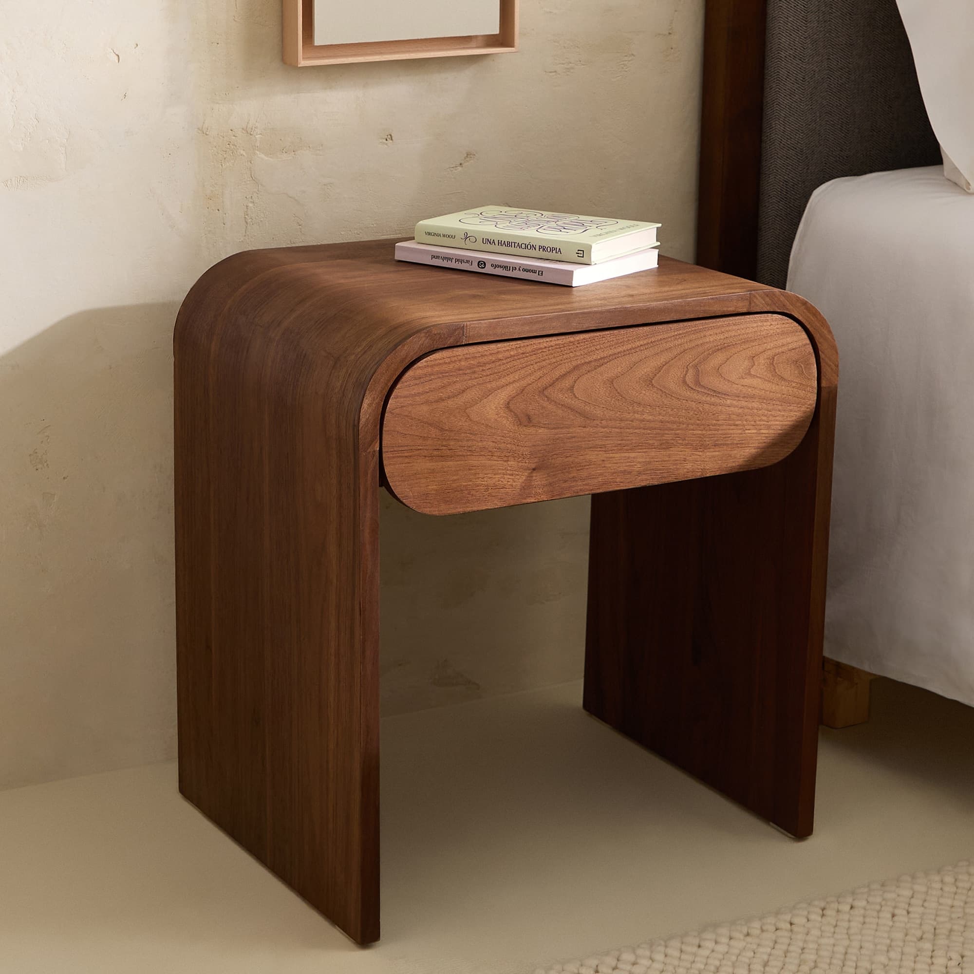 mesita de noche madera nogal, mesita de noche moderna un cajon