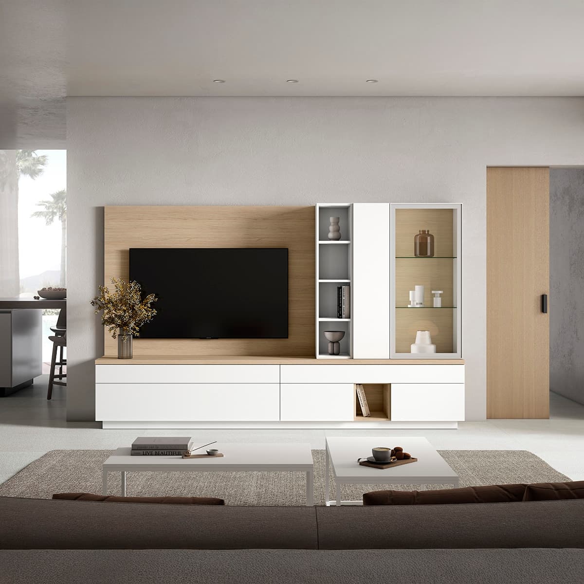 Mueble de salón modular Evolution 2.0 con baldas y vitrina