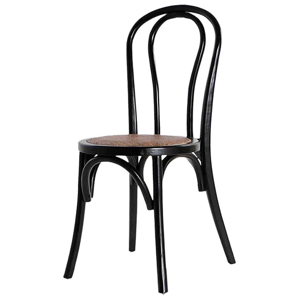 Silla de bistró de madera curvada negra con asiento de ratán