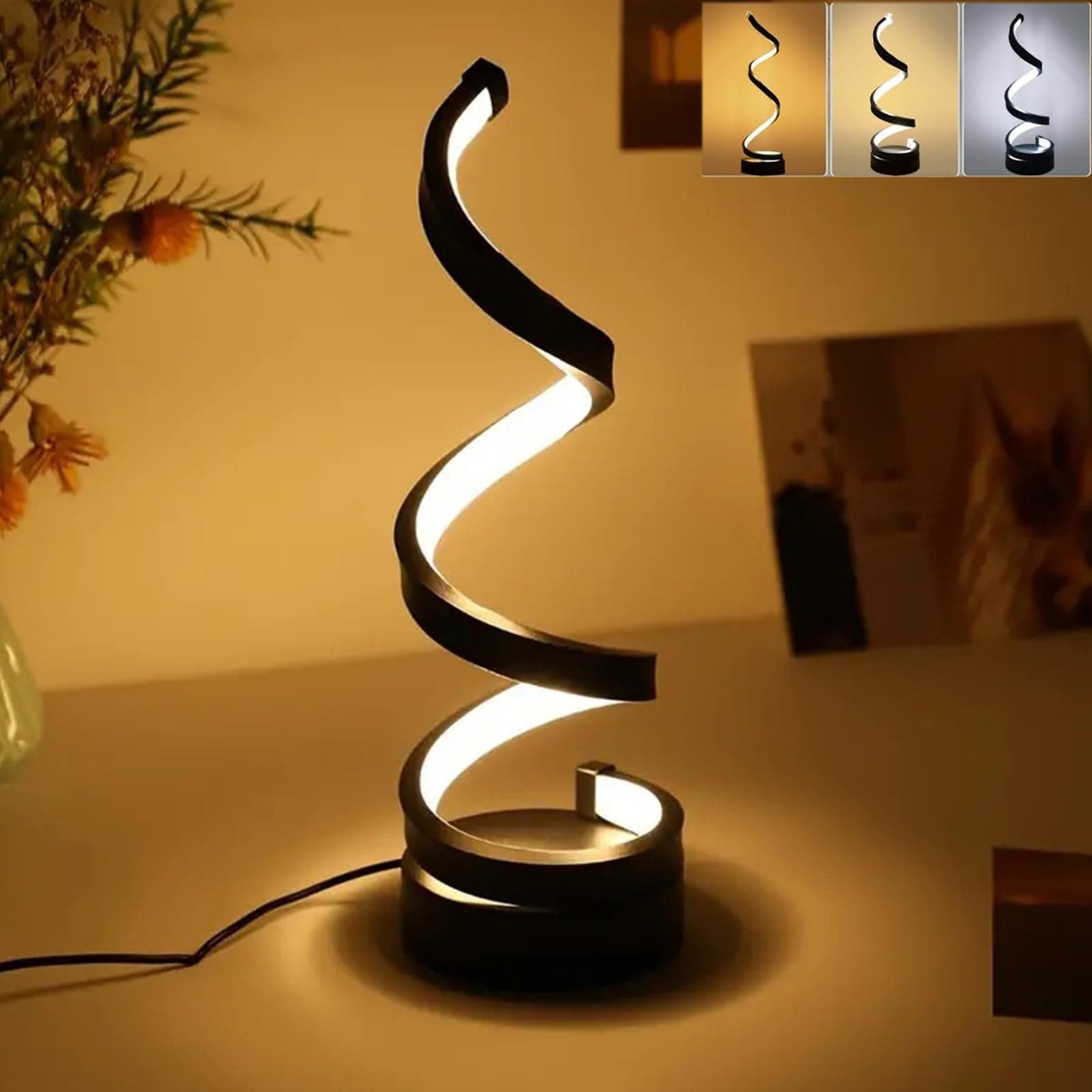 lámpara de mesa led moderna, lámpara espiral negra