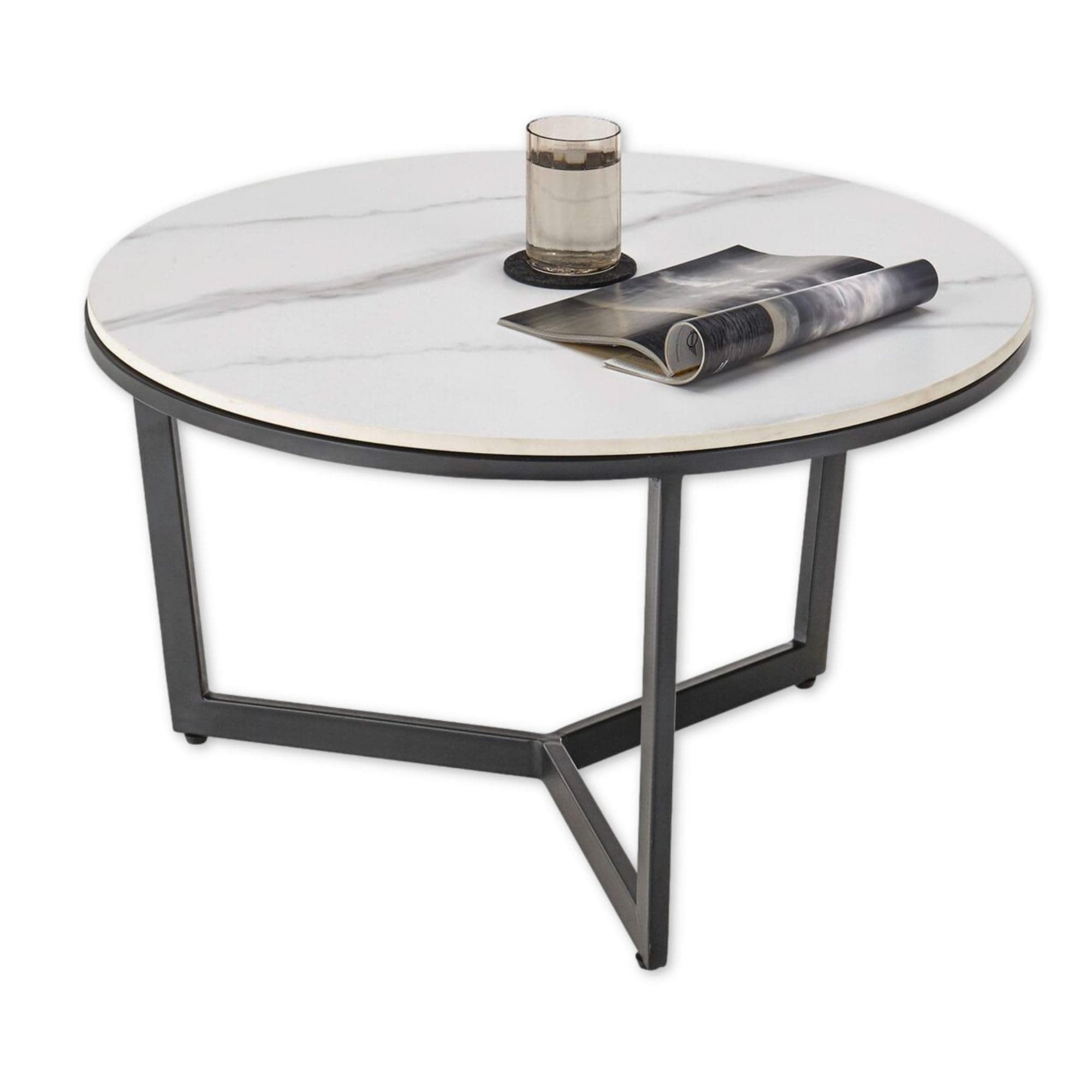Mesa de centro redonda con tapa de mármol blanco