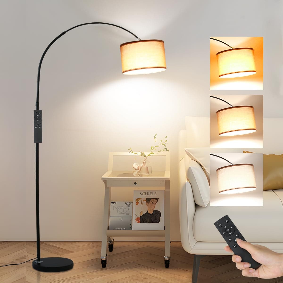Lámpara de pie con pantalla beige y arco negro