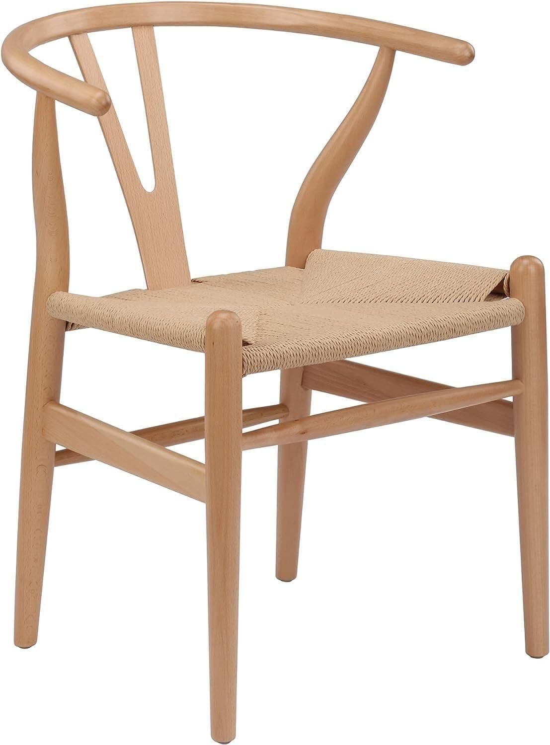 Silla Wishbone de madera natural y asiento de cuerda