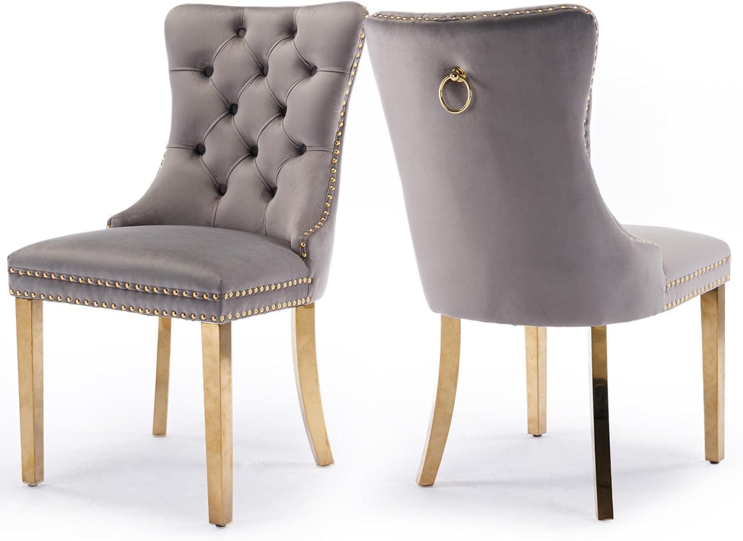 Silla de comedor tapizada en terciopelo gris con patas doradas