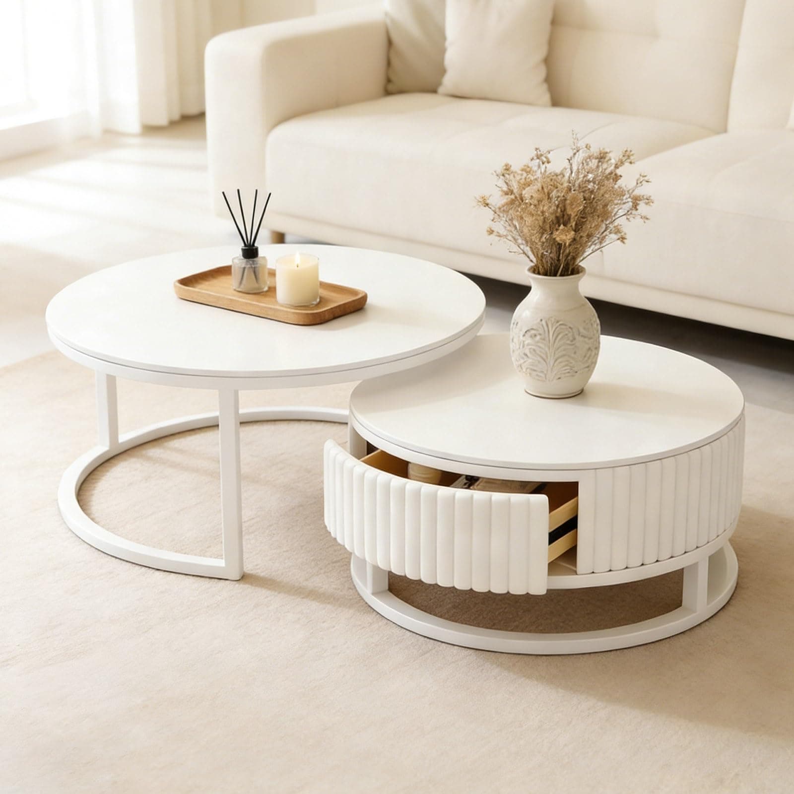 Mesa de centro redonda blanca con cajón