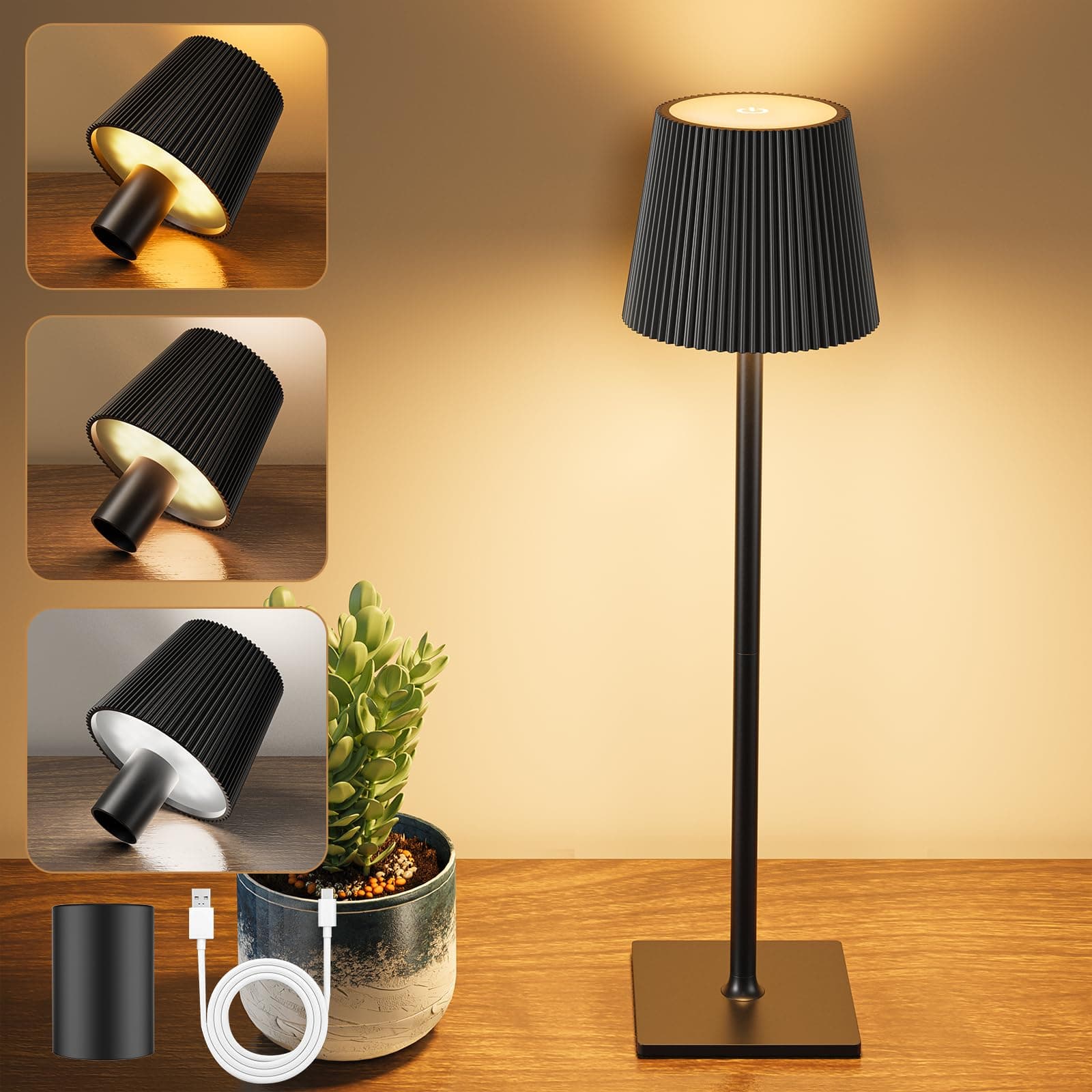 Lámpara de mesa LED negra con diseño plisado