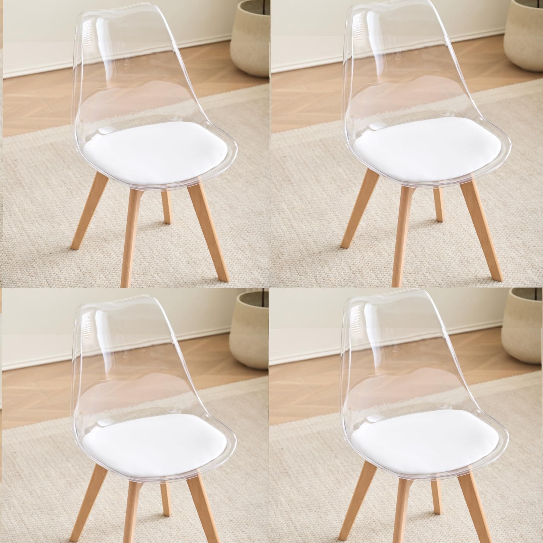 Silla transparente con patas de madera clara
