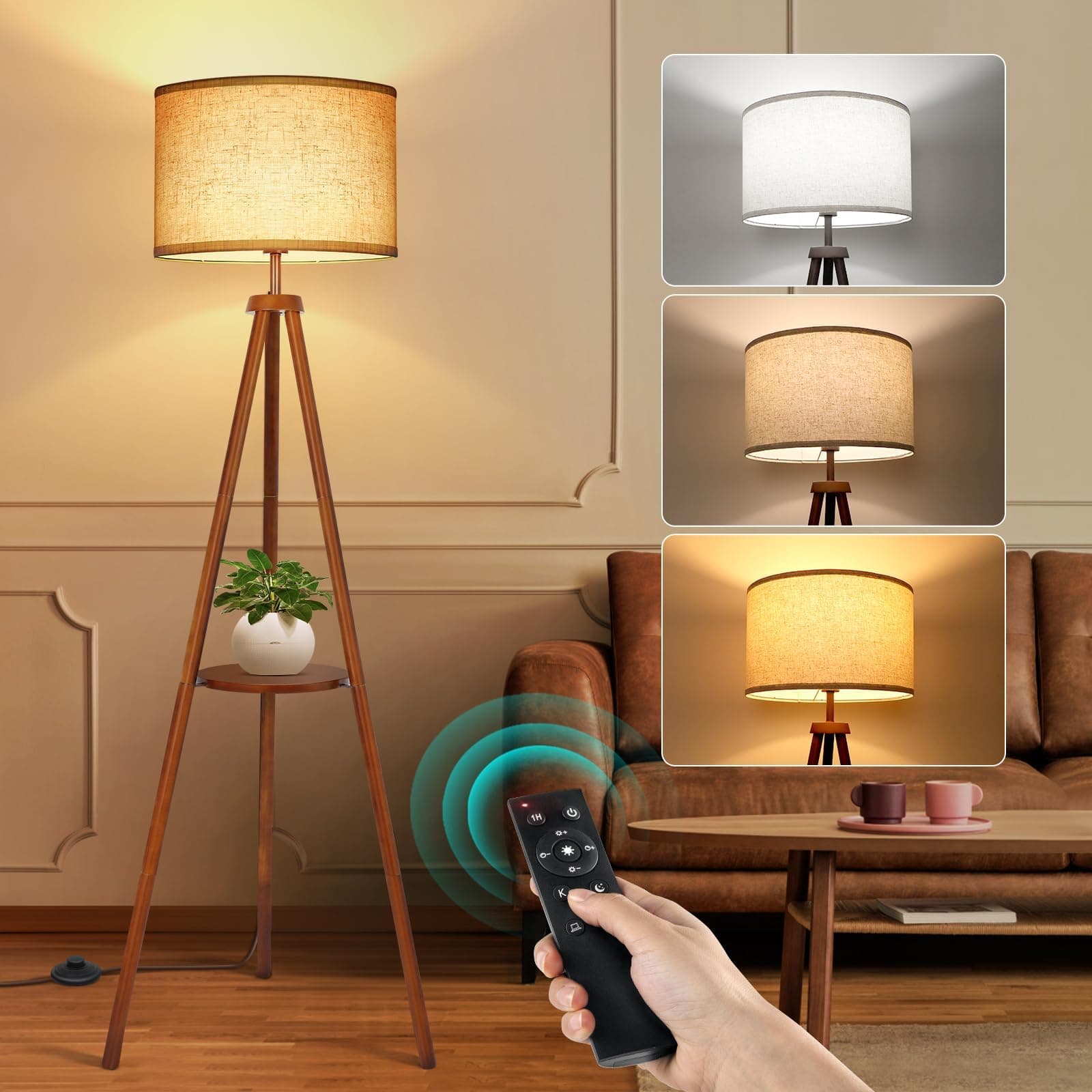 Lámpara de pie trípode de madera con pantalla de tela