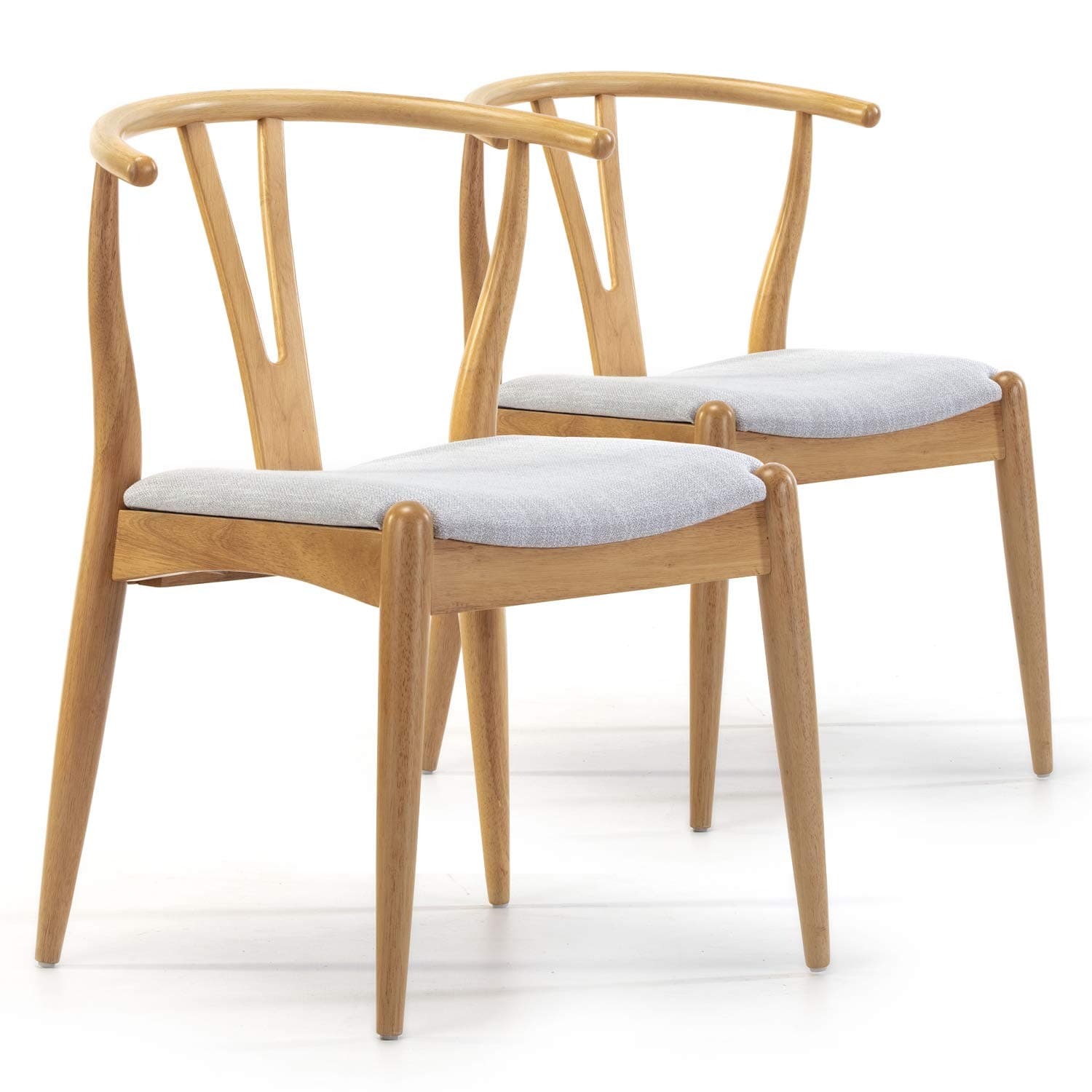 Silla Wishbone de madera clara con asiento tapizado gris