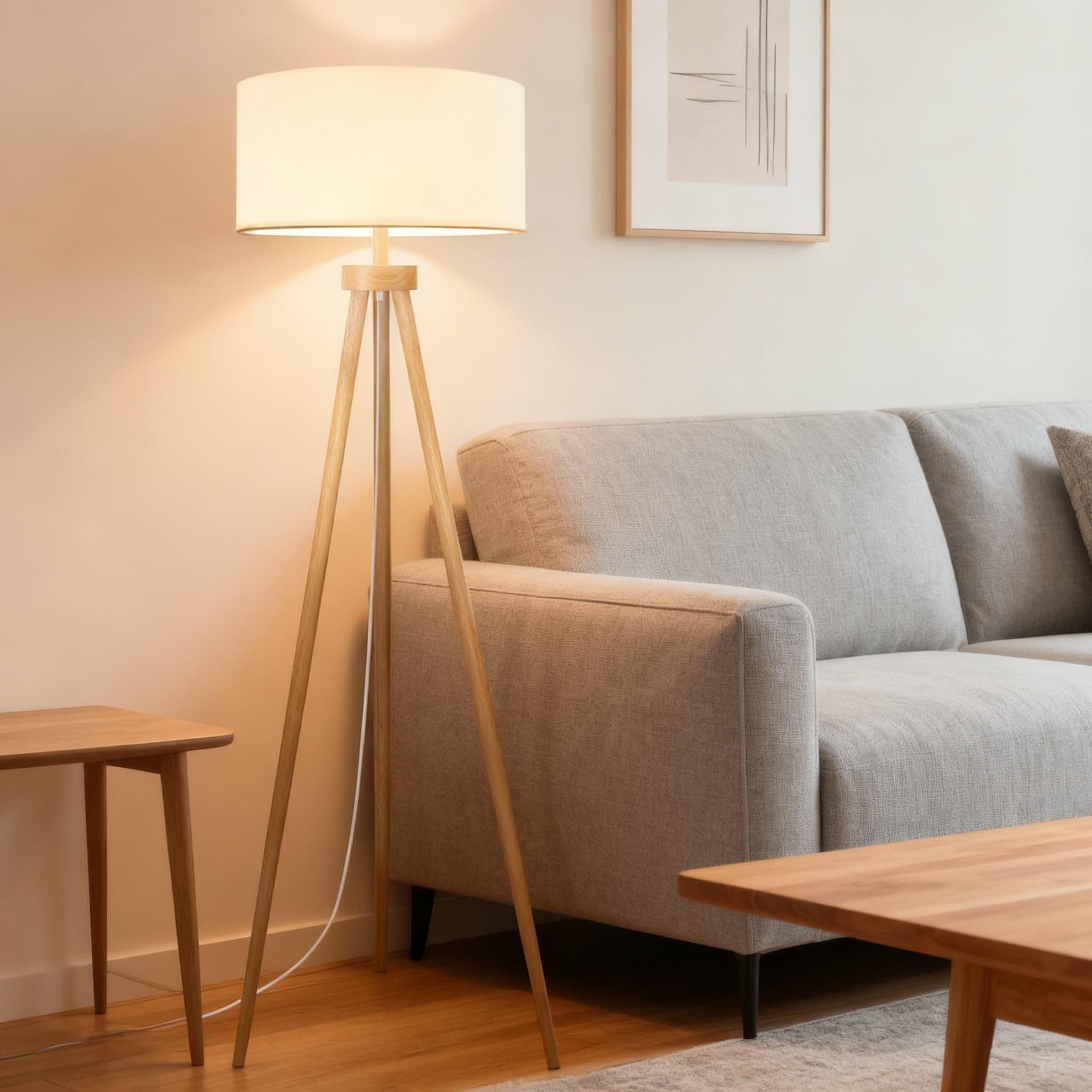 Lámpara de pie trípode madera clara y pantalla beige