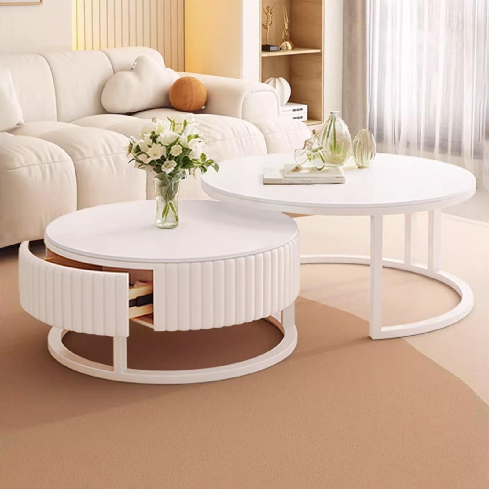 Mesa de centro redonda blanca con cajón