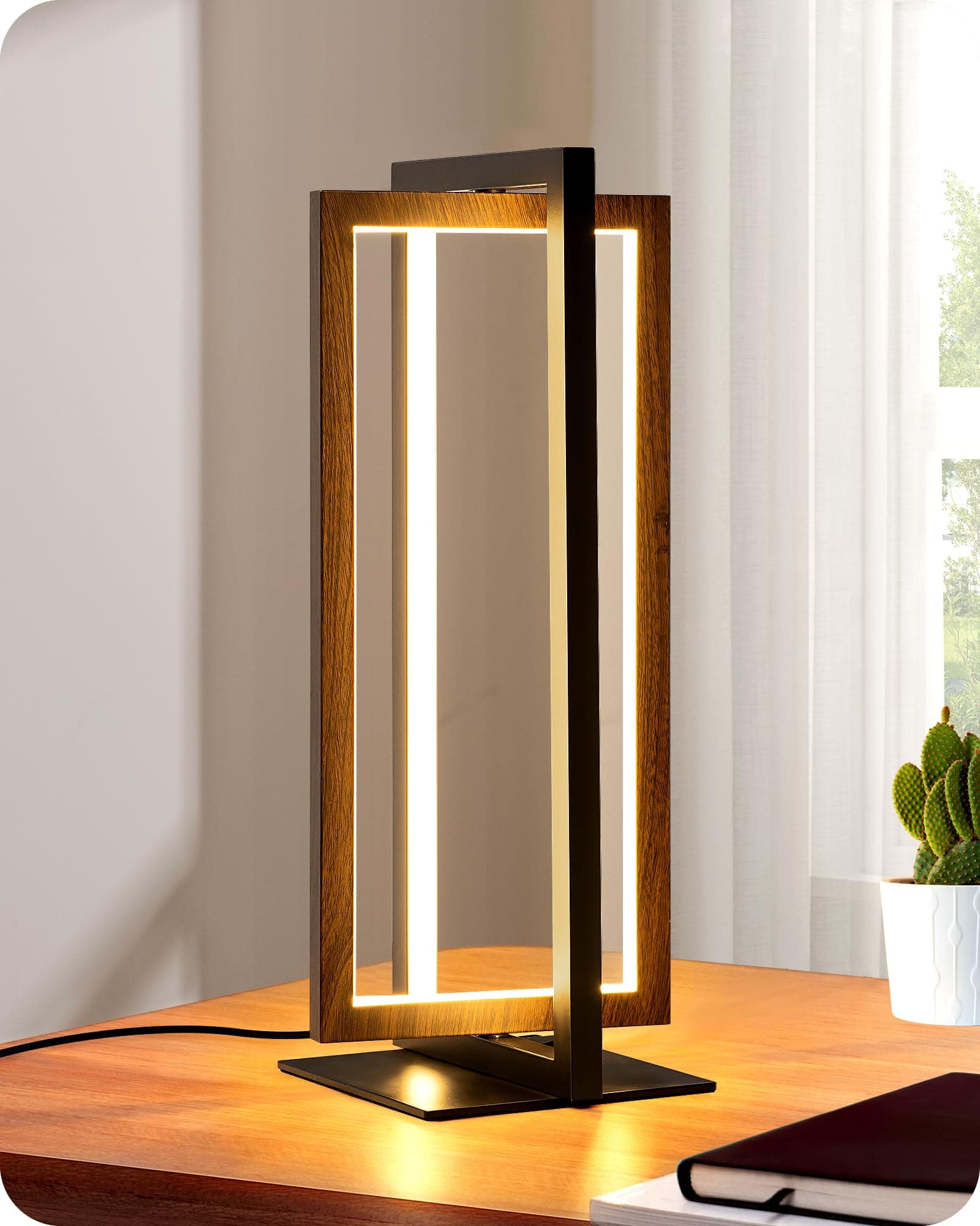 Lámpara de mesa rectangular de madera y metal
