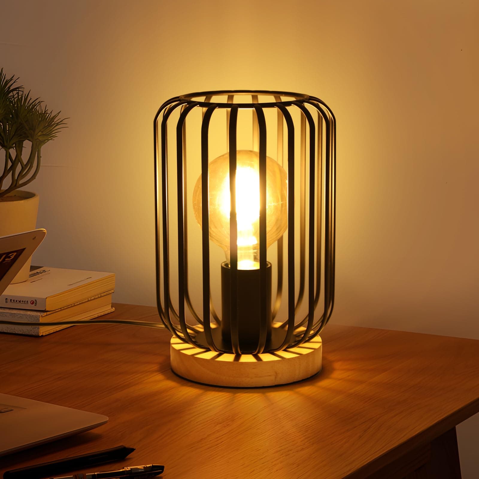 Lámpara de mesa jaula negra y madera