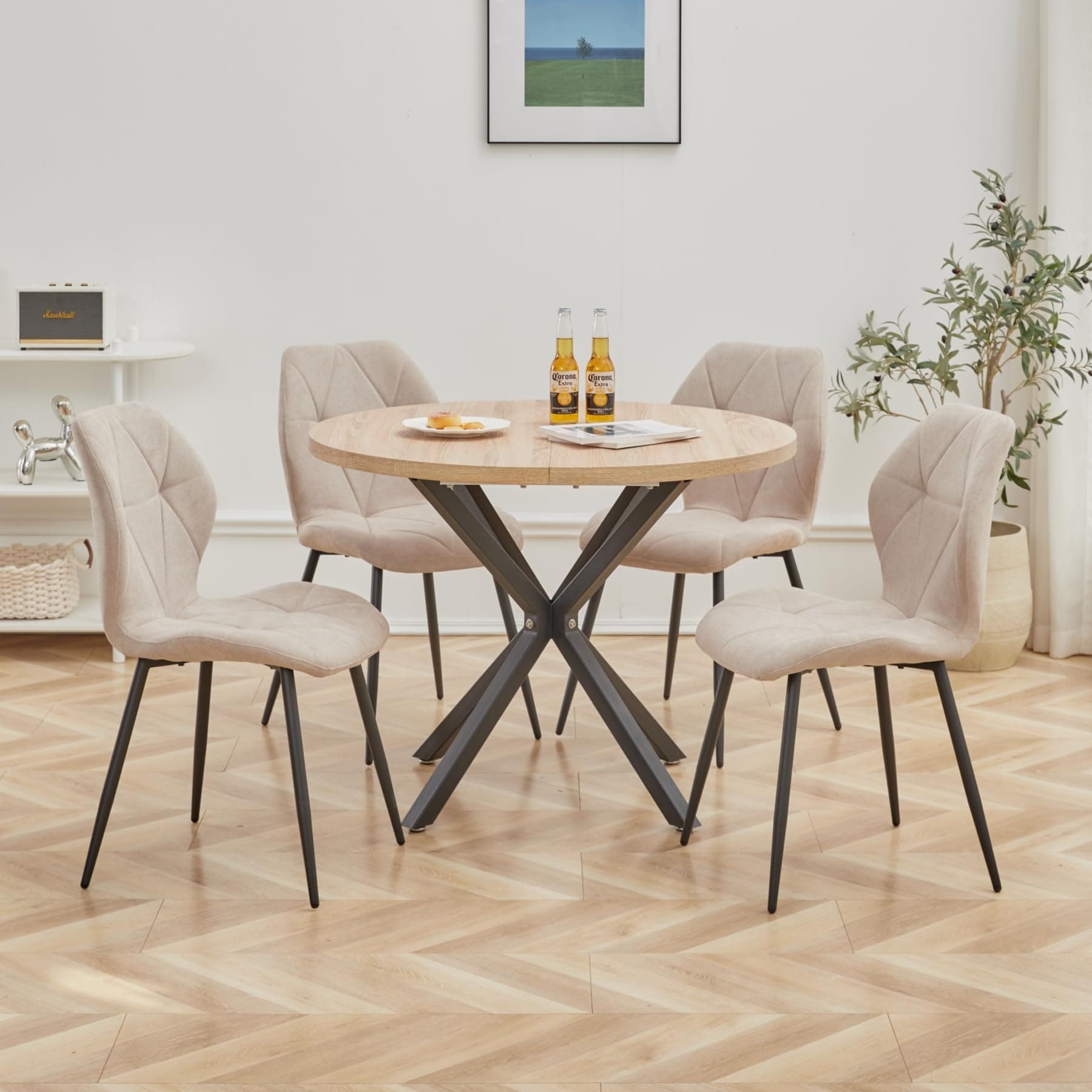 Conjunto de mesa de comedor redonda con 4 sillas tapizadas beige