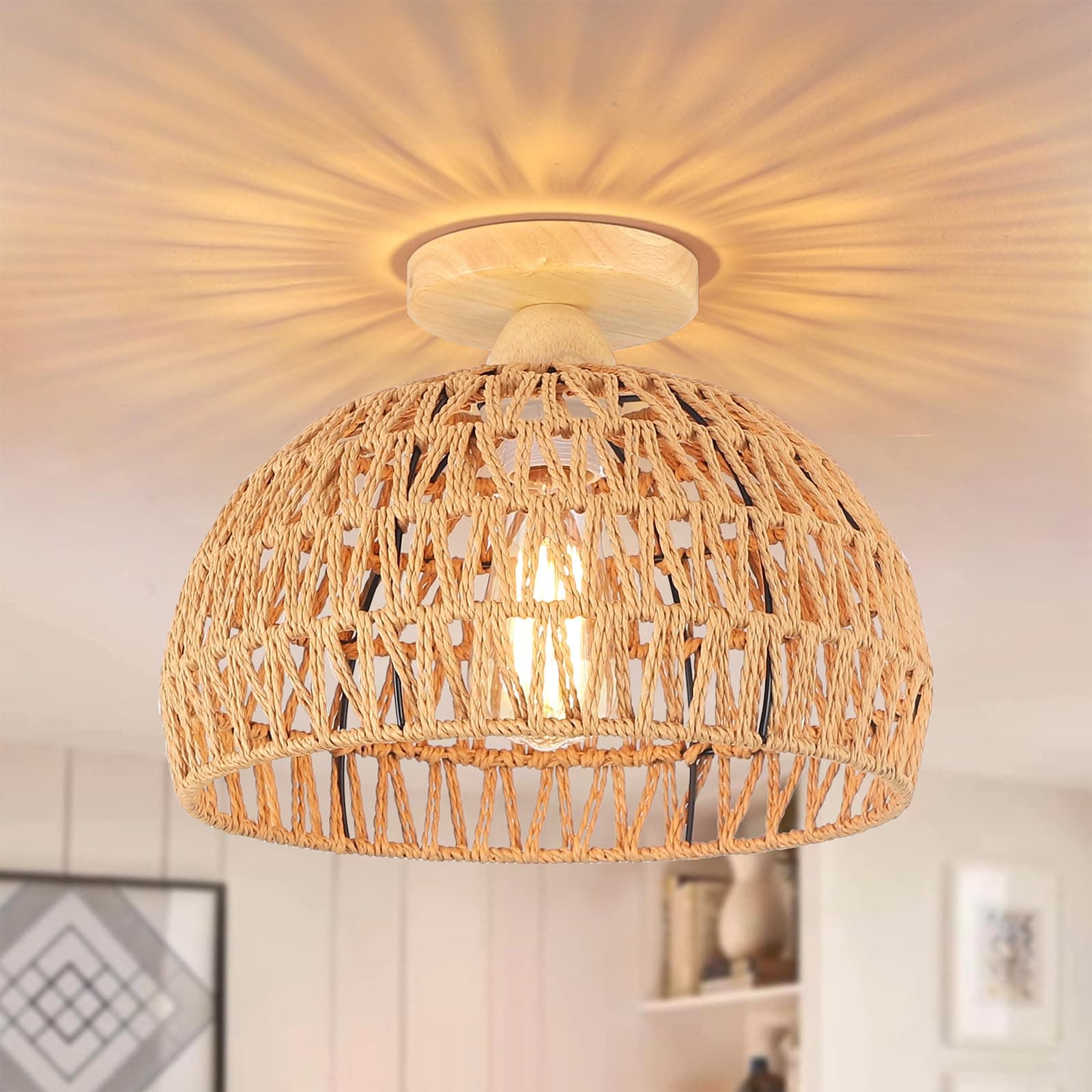 Lámpara de techo de ratán natural estilo boho