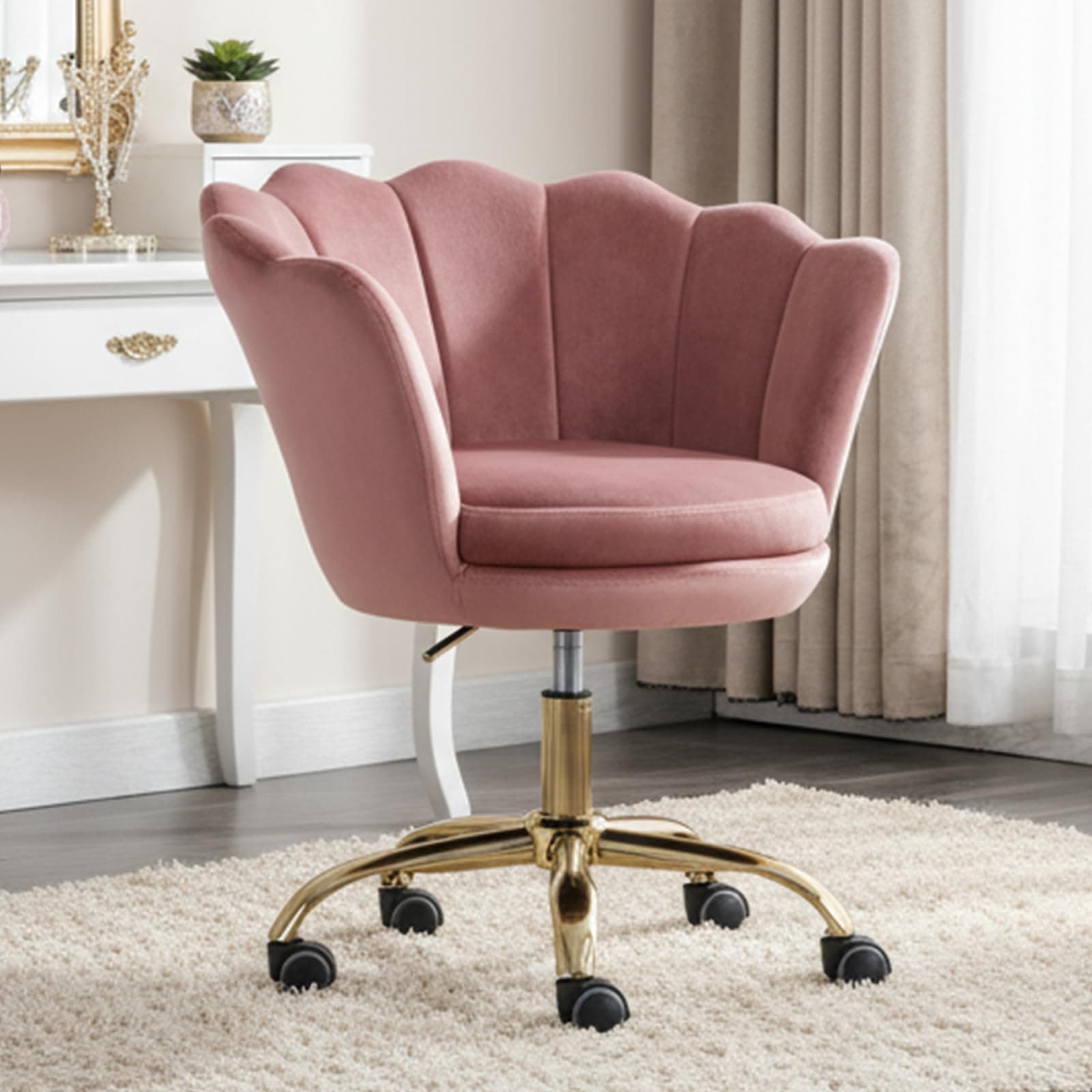 Silla de escritorio tapizada rosa con base dorada