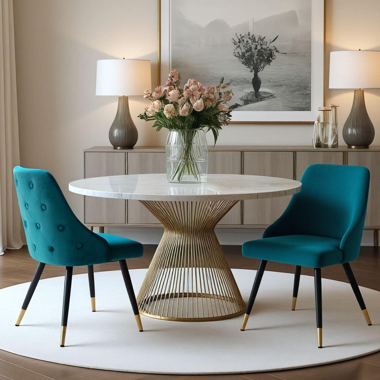 Silla de comedor de terciopelo azul turquesa con botones