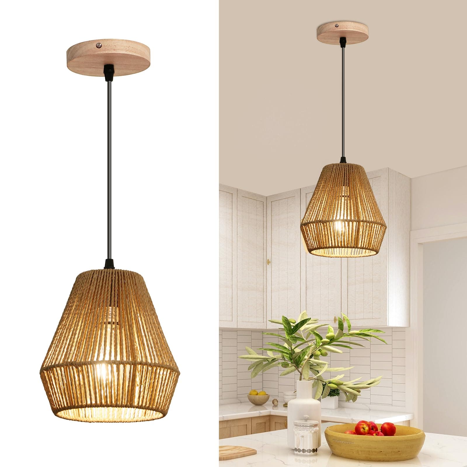Lámpara colgante de cuerda natural y madera clara