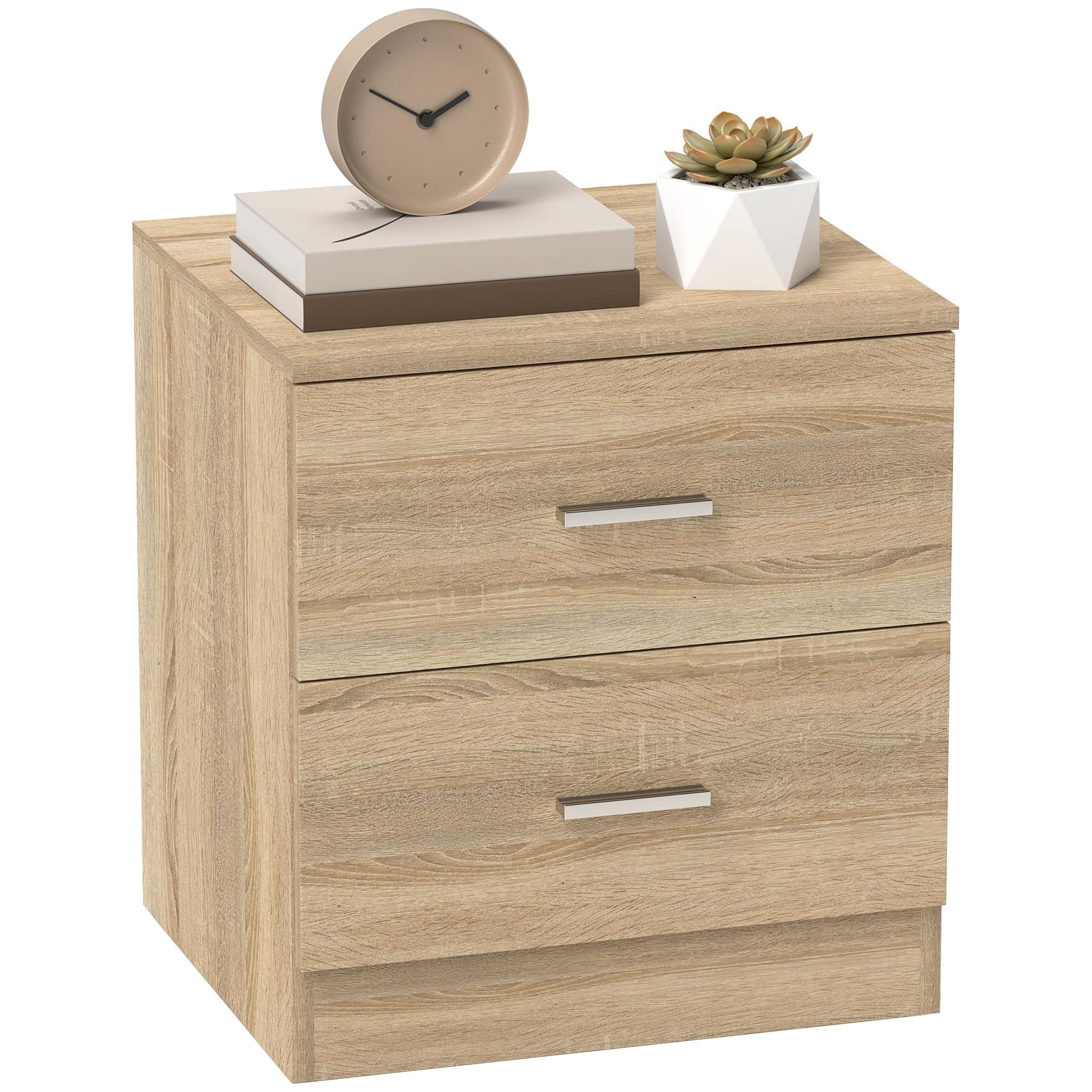 Mesita de noche de madera clara con dos cajones