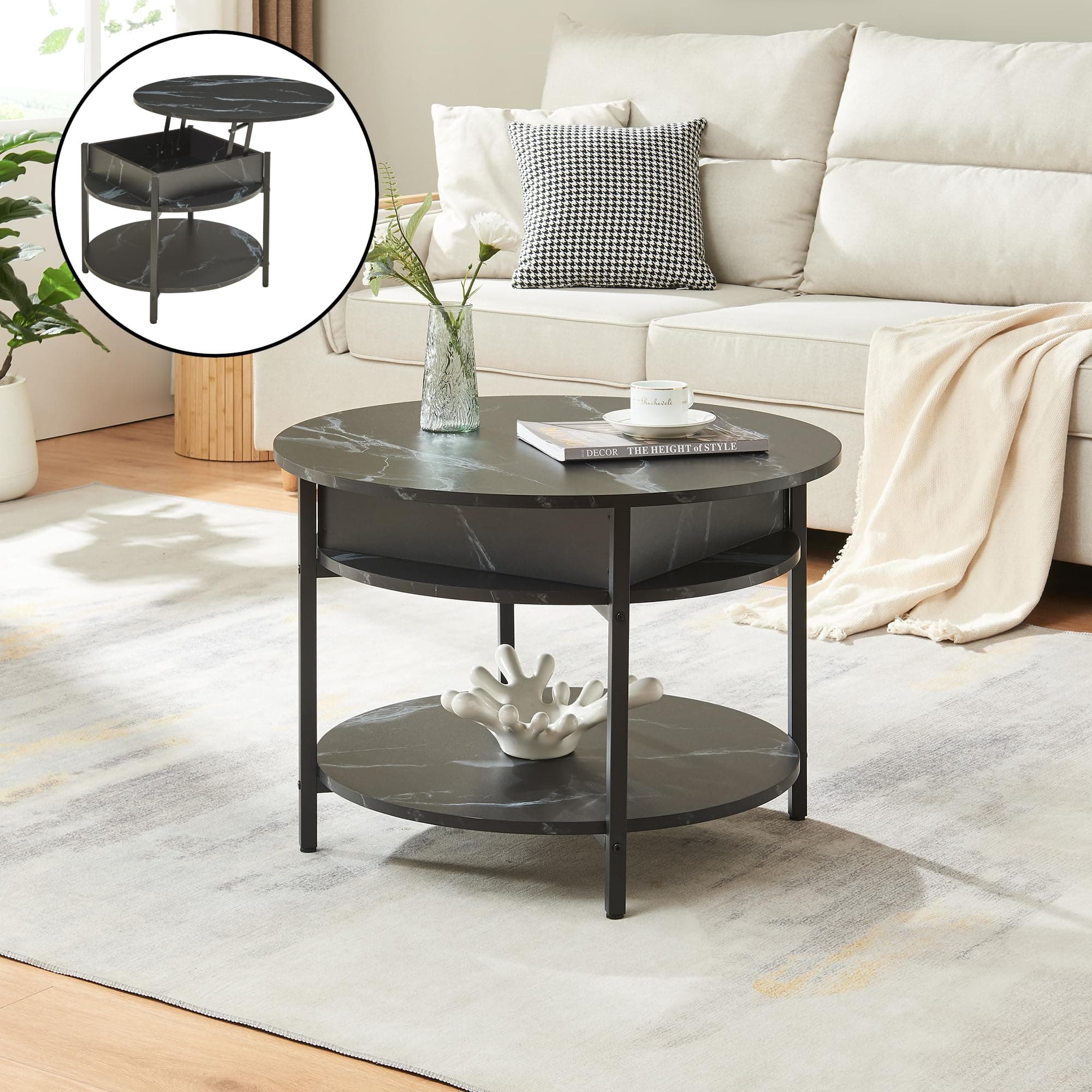 Mesa de centro redonda con tapa elevable de mármol negro