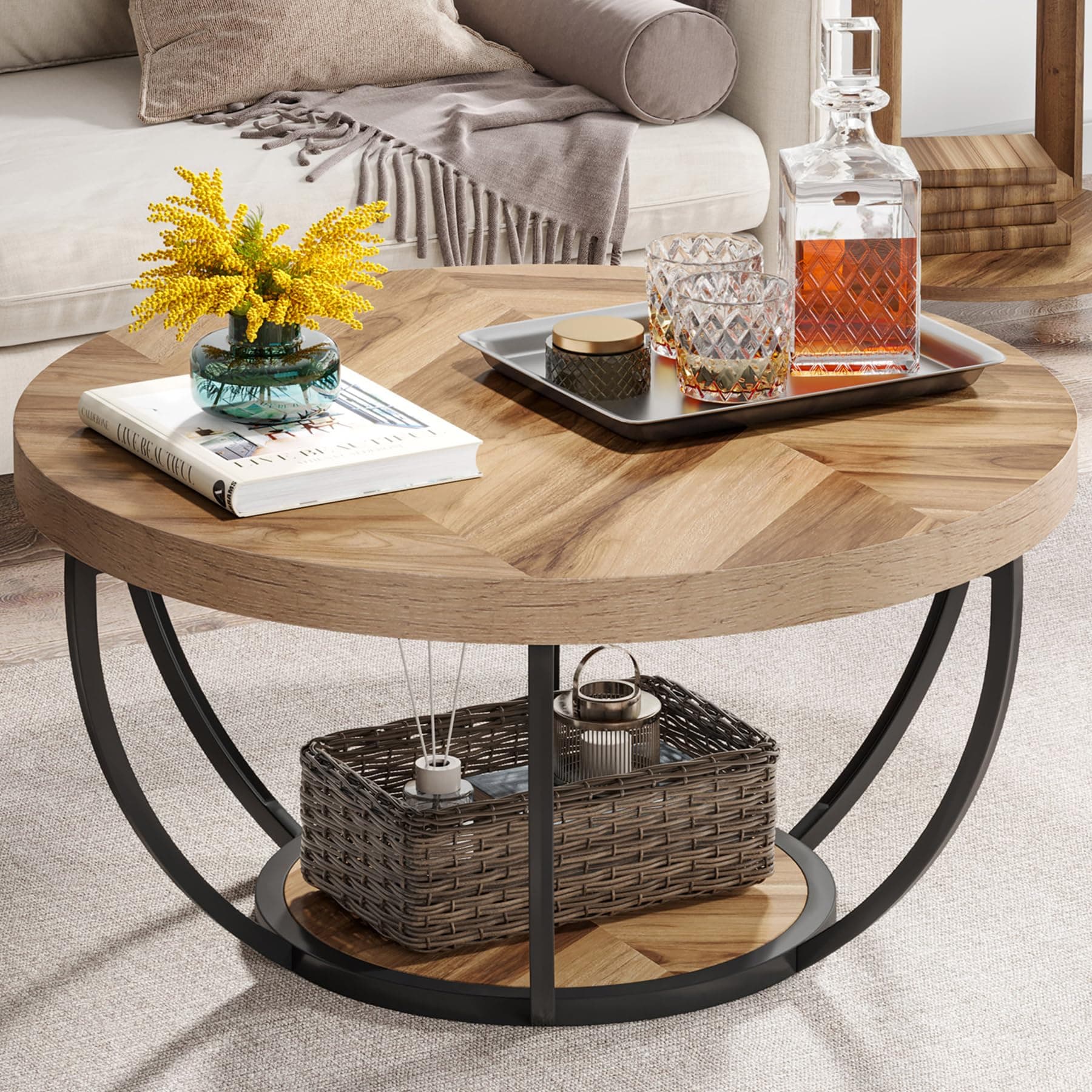 Mesa de centro redonda de madera y metal negra