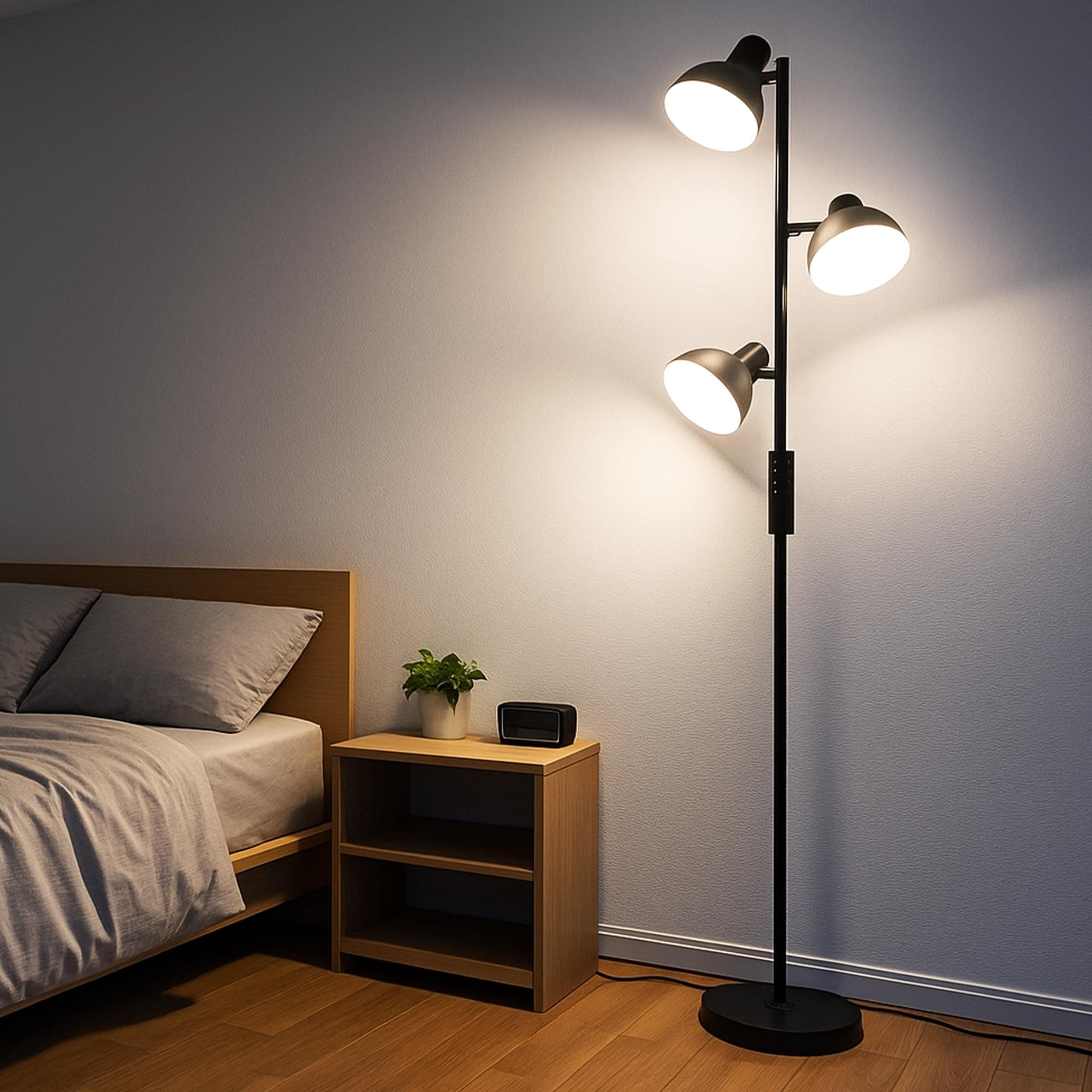 Lámpara de pie negra con tres luces orientables