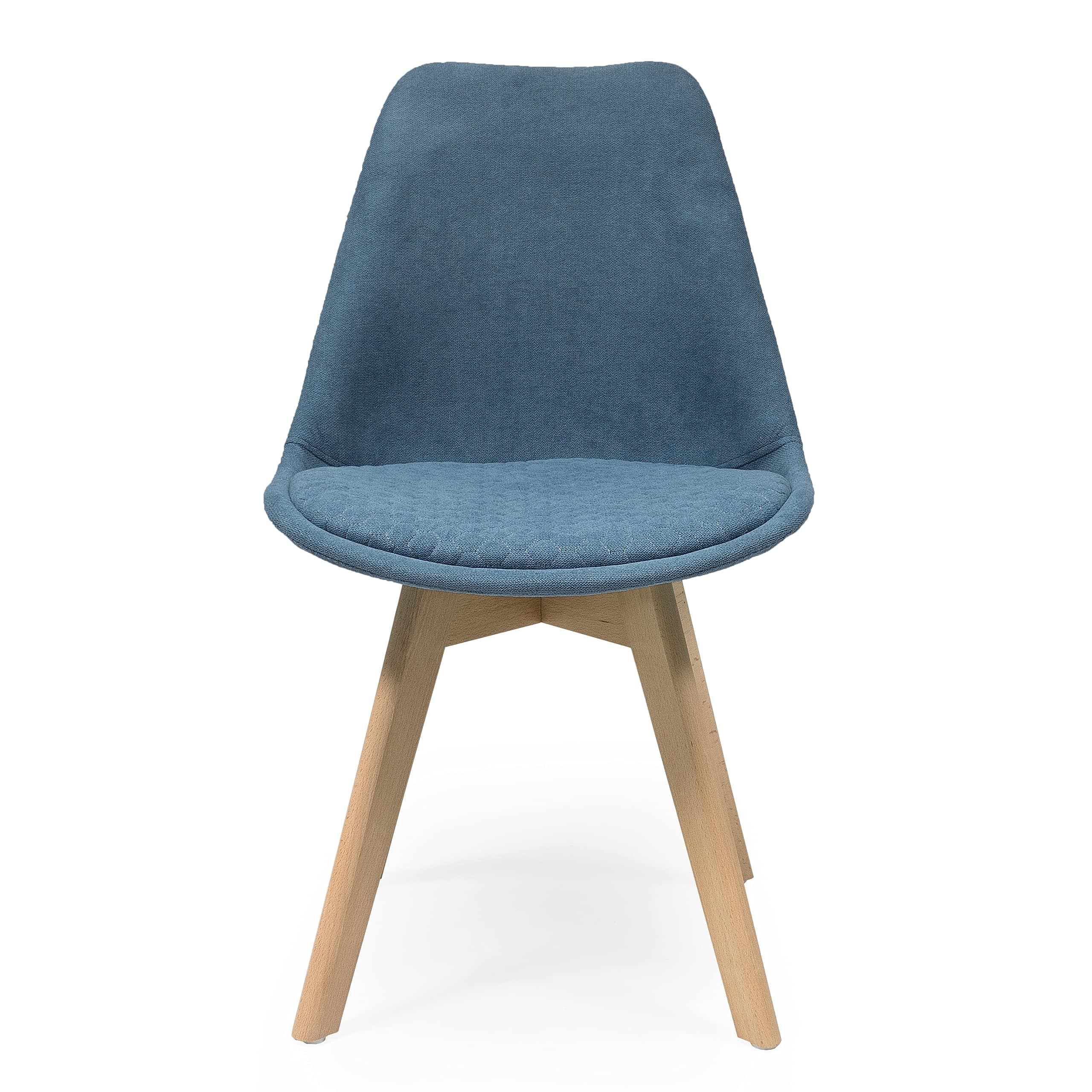 Silla de comedor tapizada azul con patas de madera clara