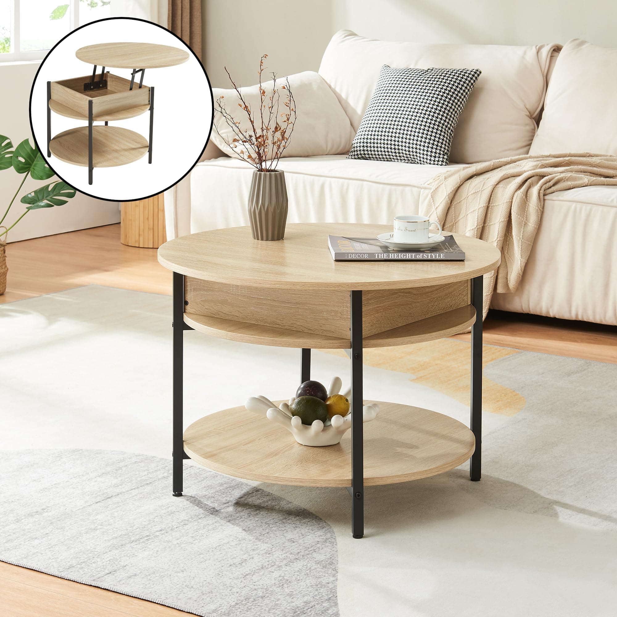 Mesa de centro redonda elevable con estantes de madera clara