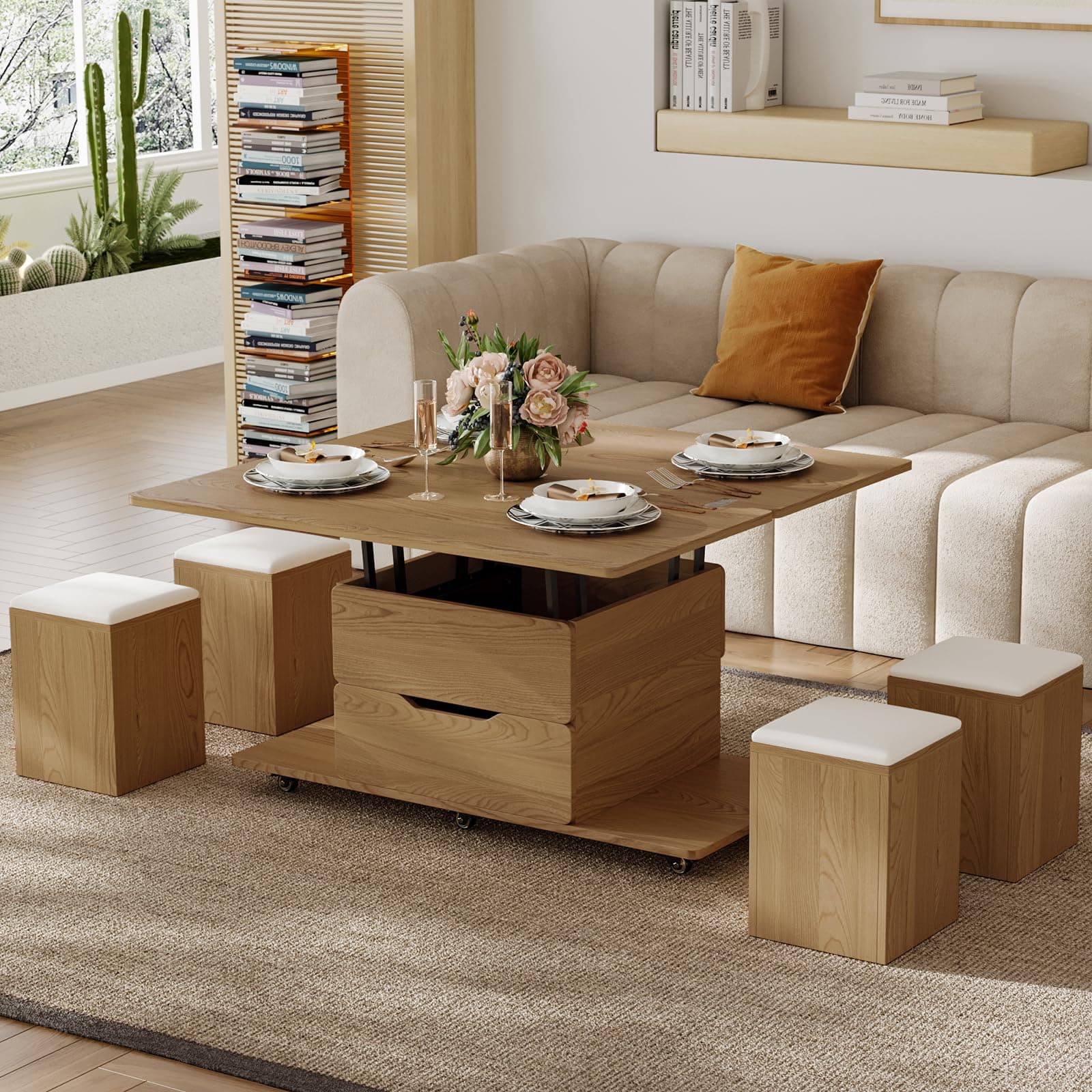 Mesa de centro elevable con taburetes