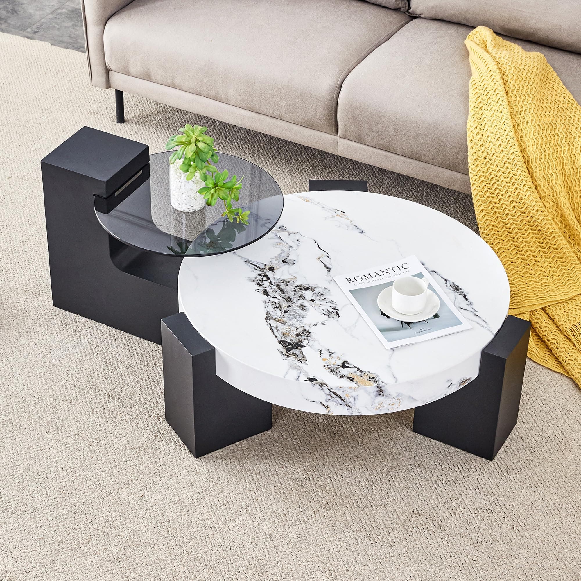 Mesa de centro redonda con tapa de mármol blanco y negro