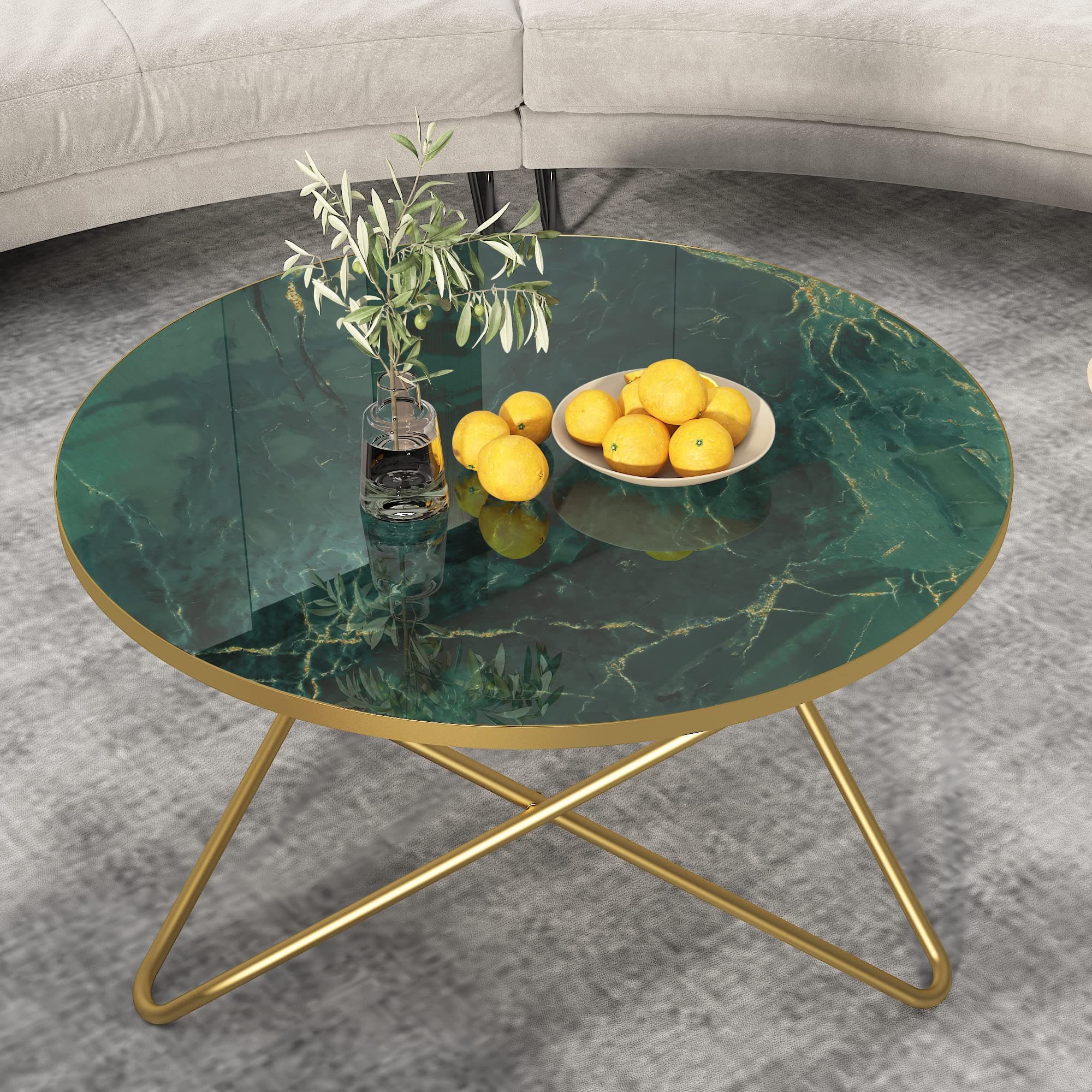Mesa de centro redonda de mármol verde y dorado