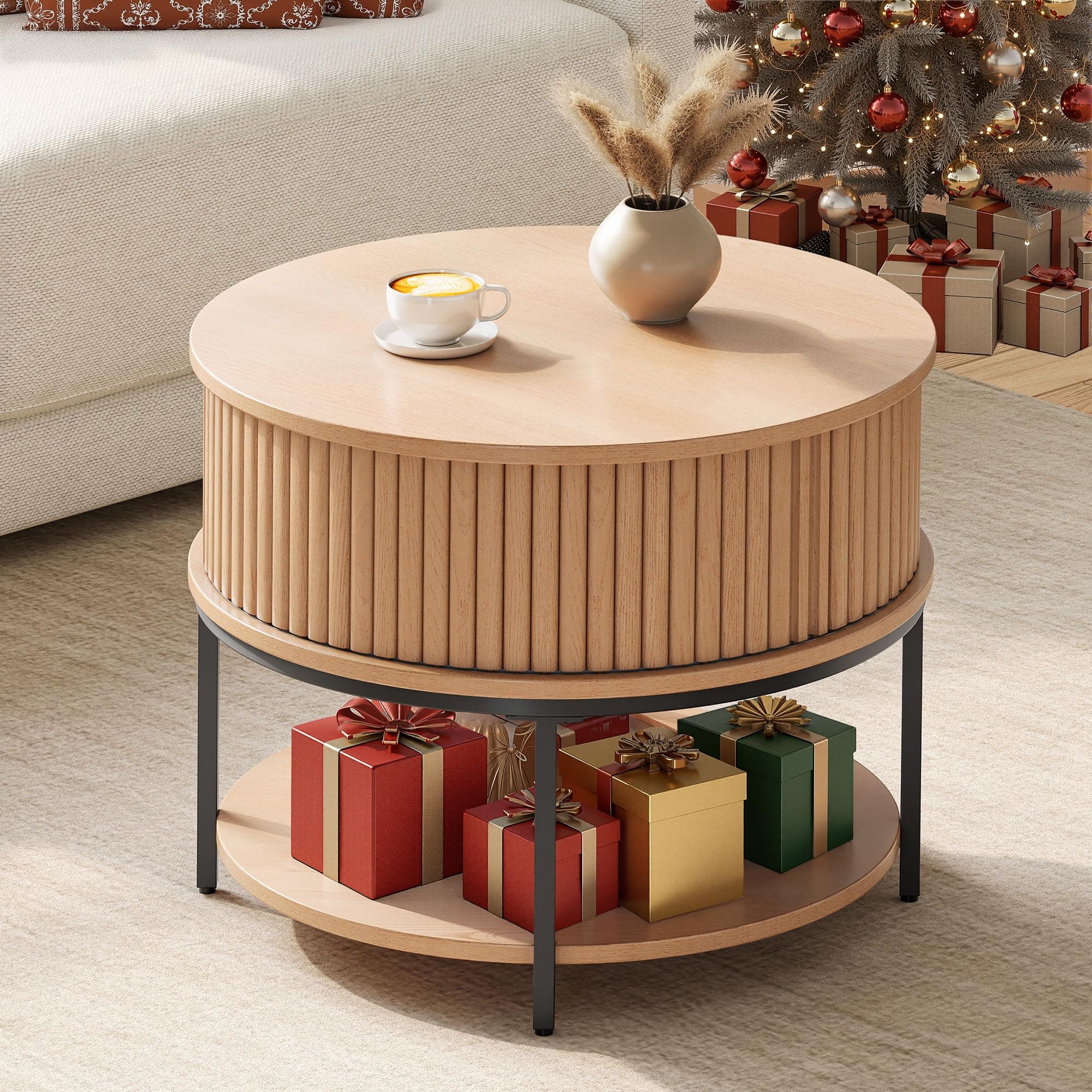 Mesa de centro redonda con almacenamiento de madera clara