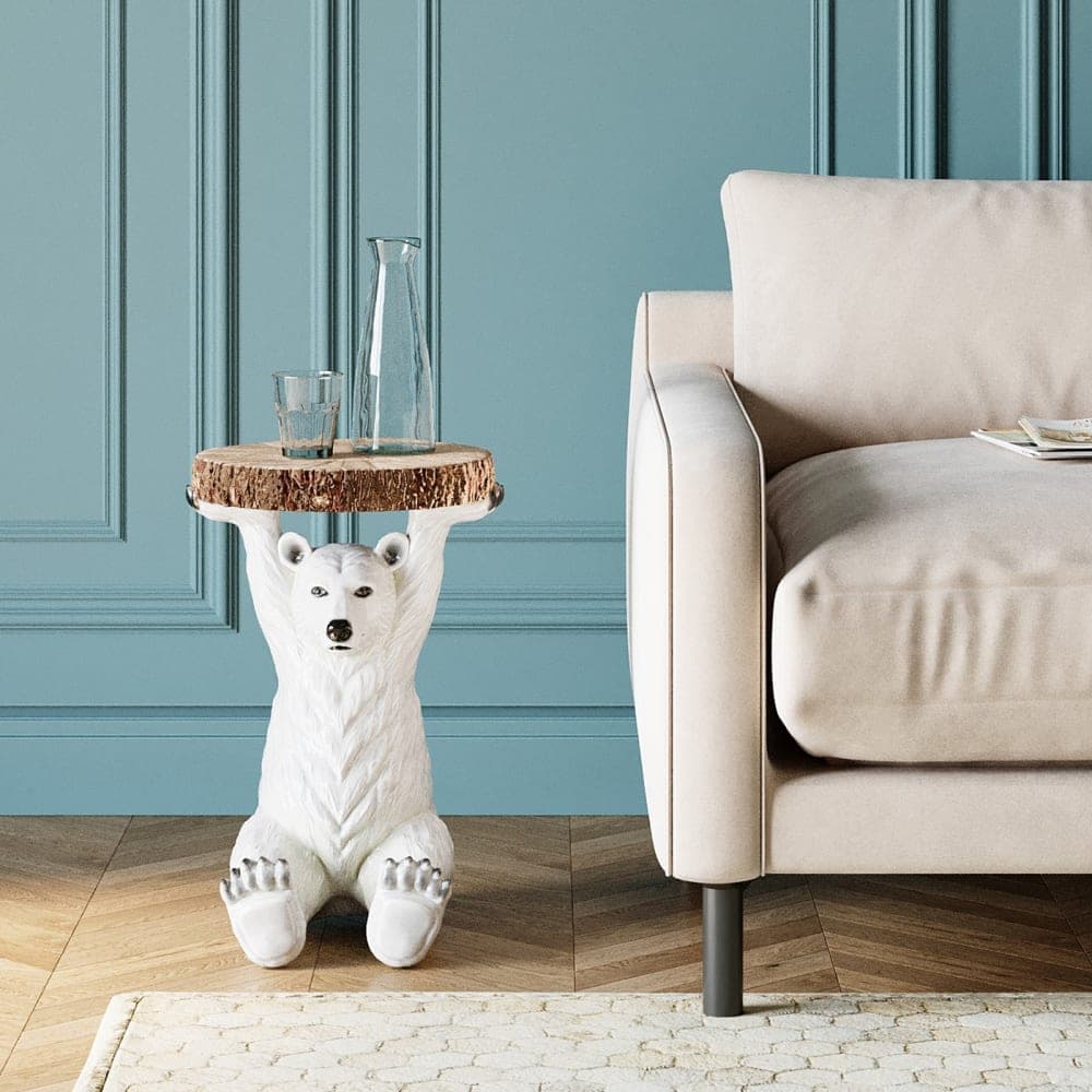 Mesa auxiliar con base de oso polar y sobre de madera