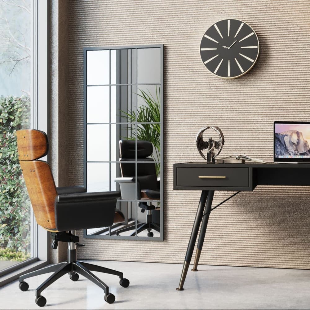 Silla de oficina giratoria con respaldo de madera y asiento tapizado