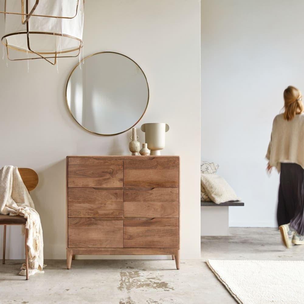 Cómoda de madera de mango macizo con 6 cajones
