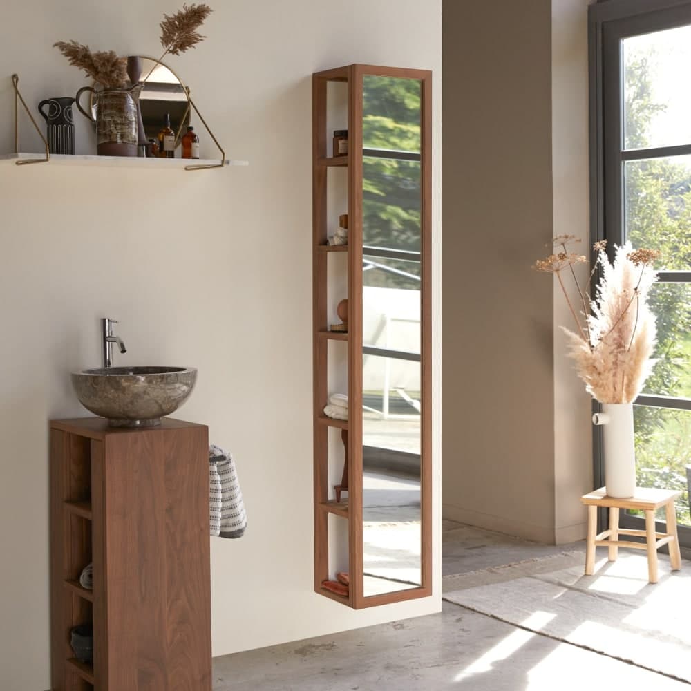 columna baño nogal, mueble columna con espejo