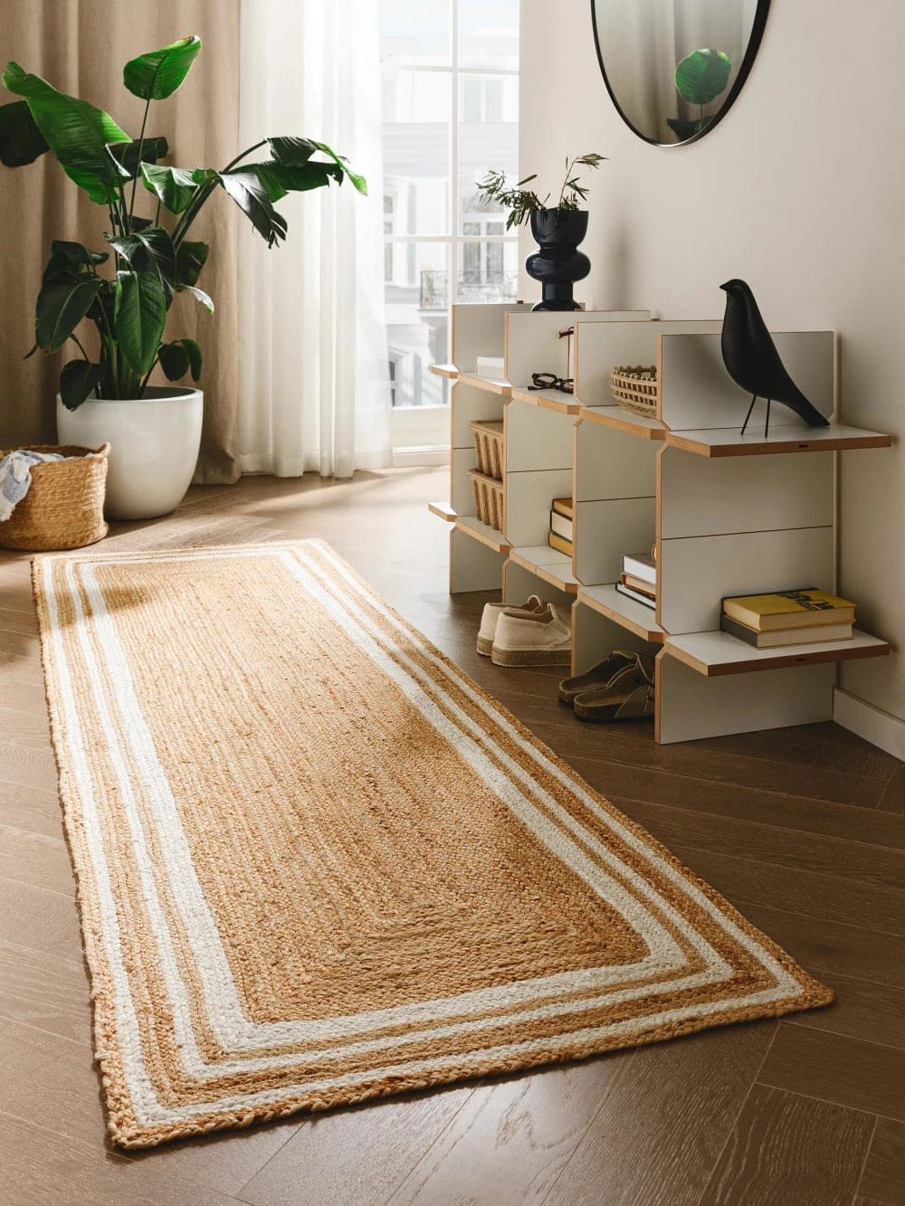 Alfombra de yute rectangular con borde blanco