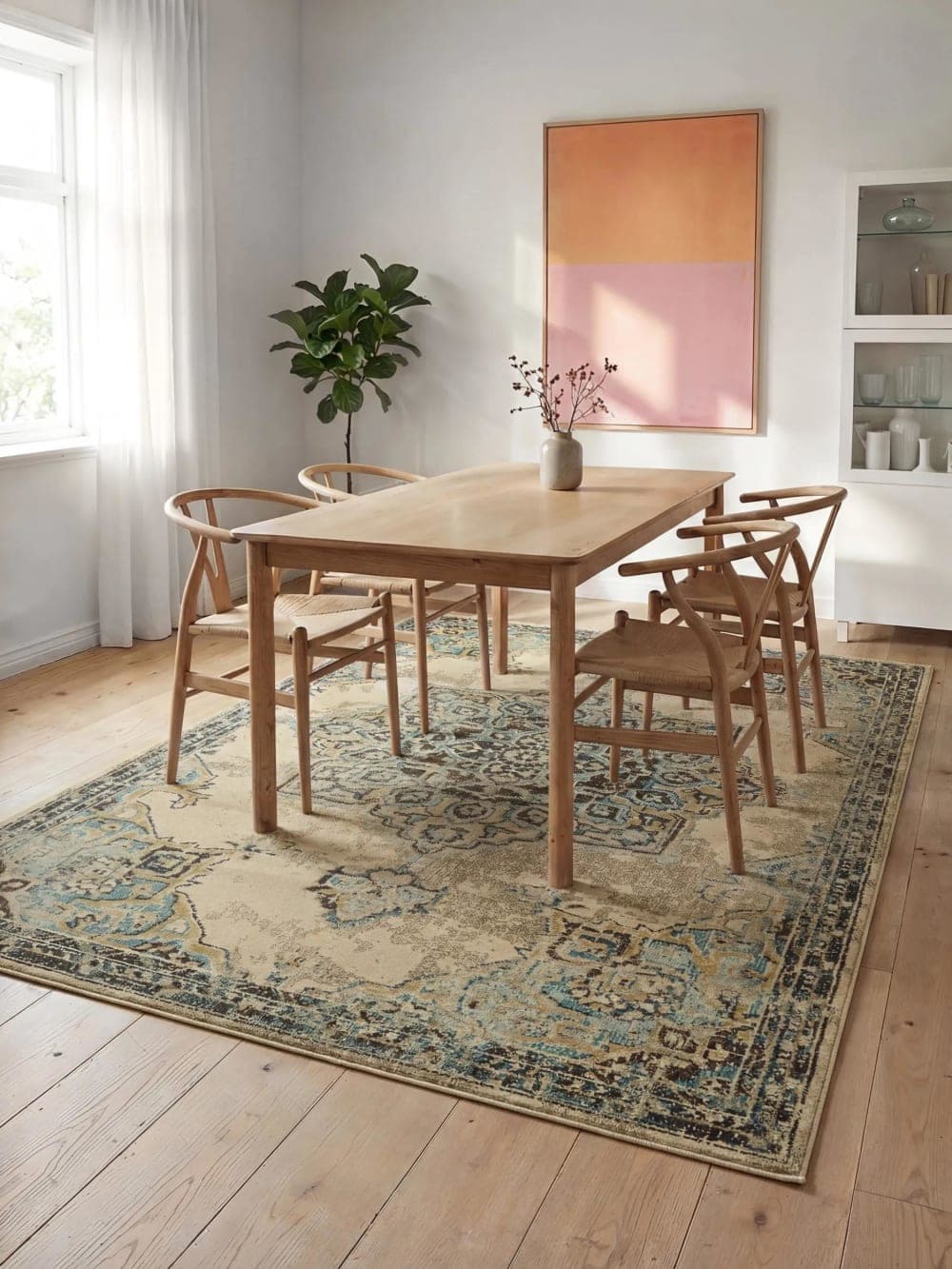 alfombra vintage beige turquesa, alfombra rectangular 140x200