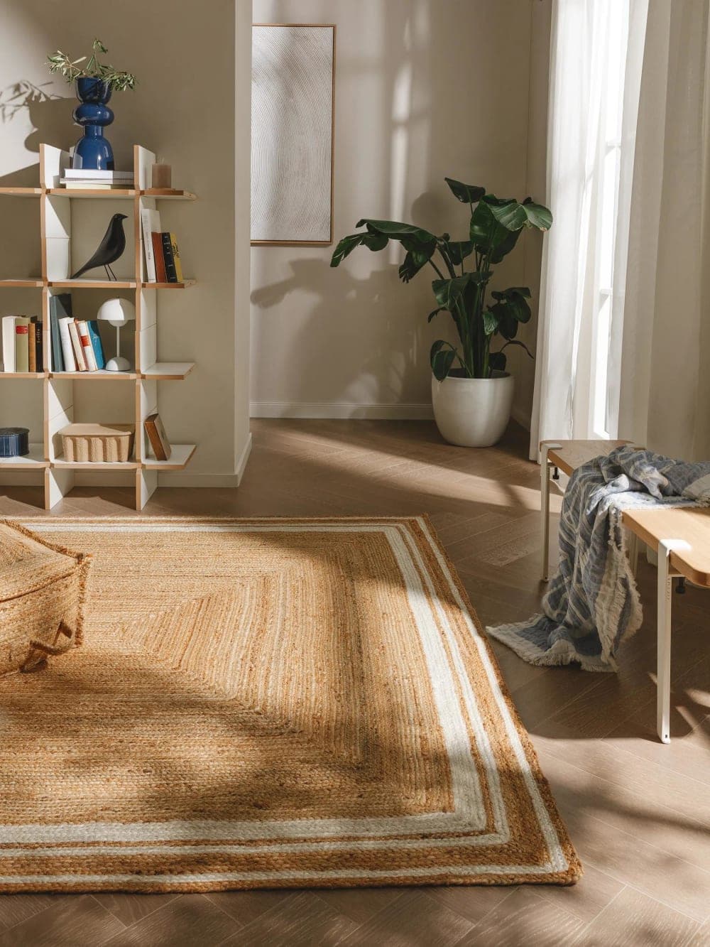 Alfombra de yute natural y blanco 120x170