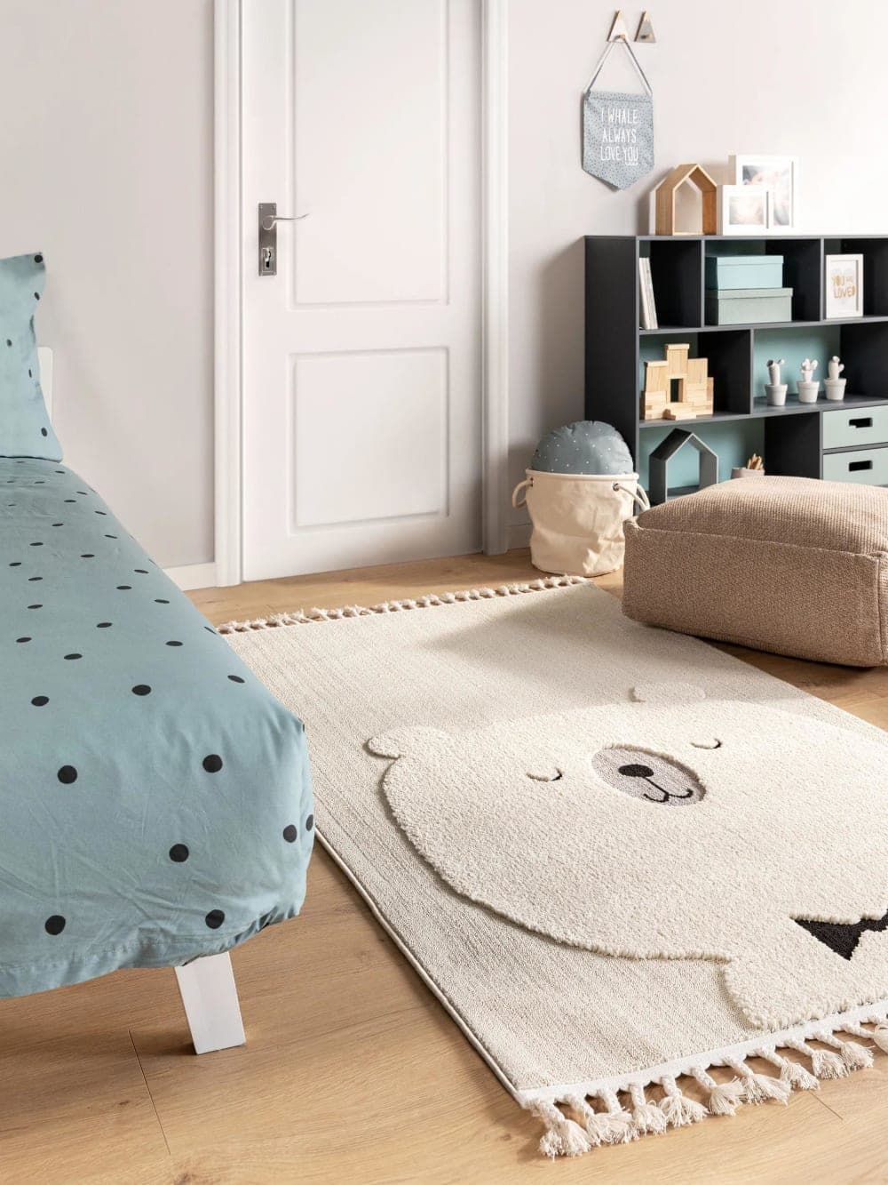 Alfombra infantil de algodón con diseño de oso color crema