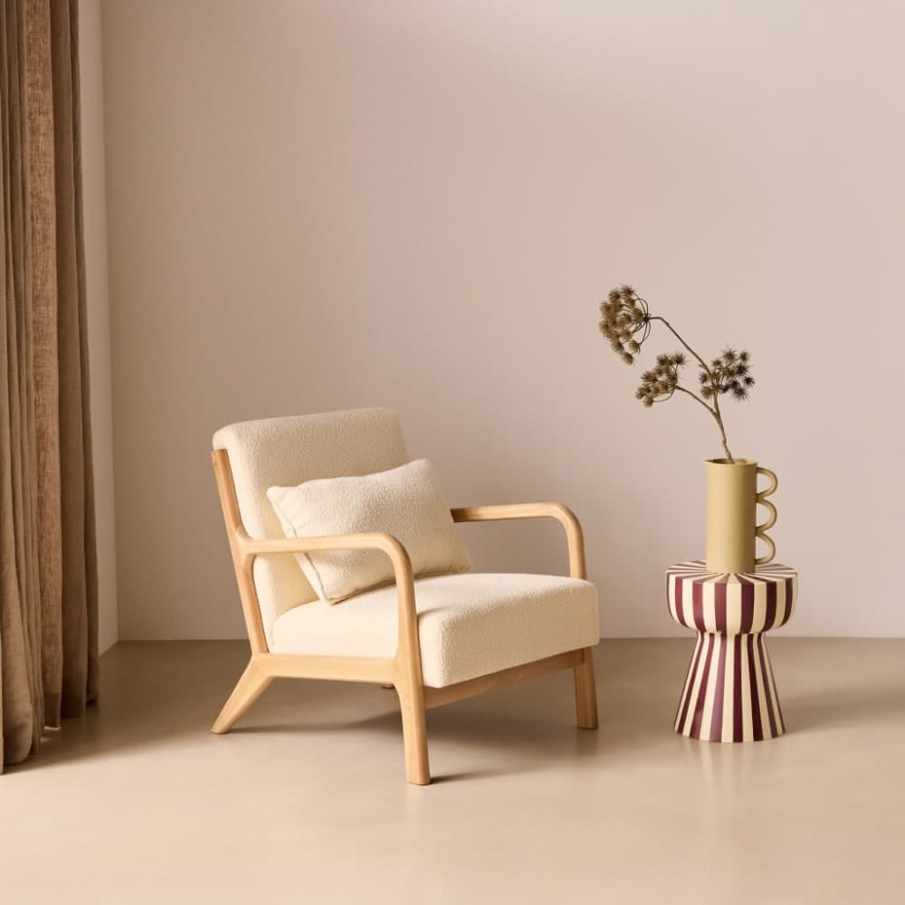 sillón tela rizada, sillón madera nórdico
