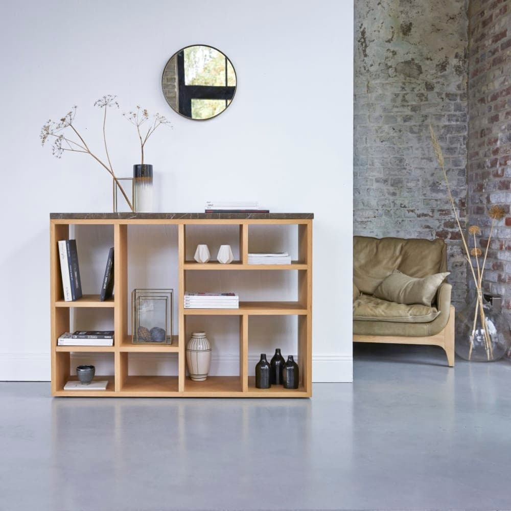 consola madera y marmol, consola con estantes