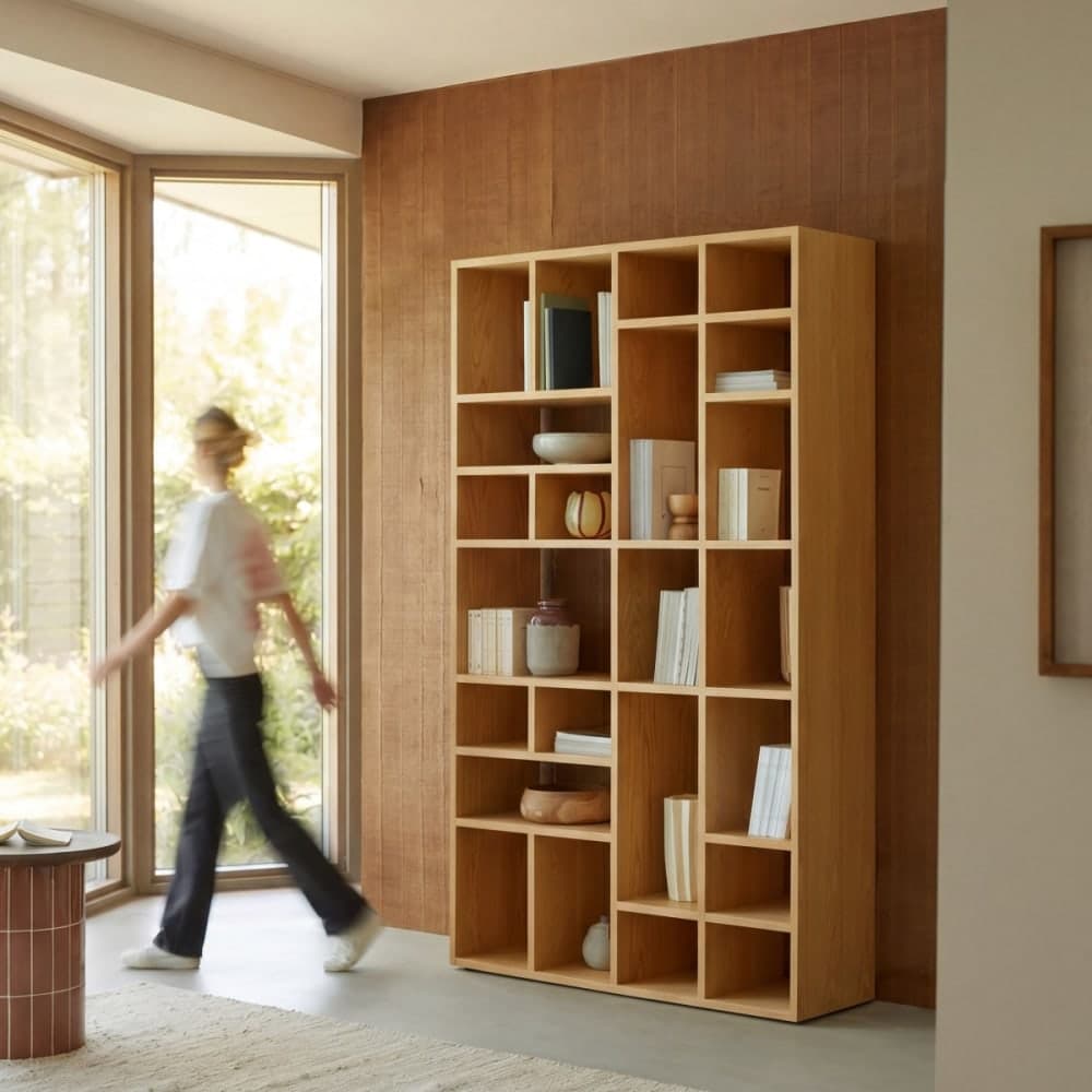 Biblioteca alta de madera de roble
