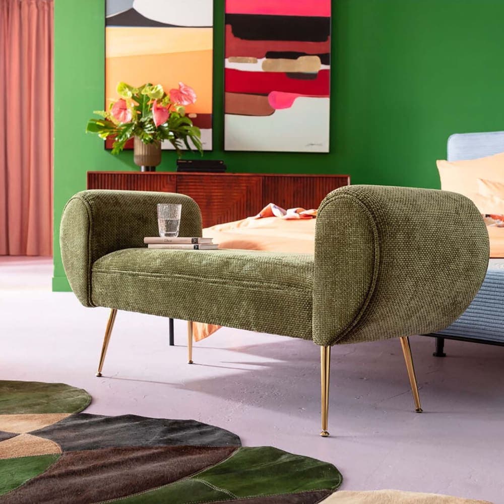 banco pie de cama verde, banco tapizado terciopelo verde