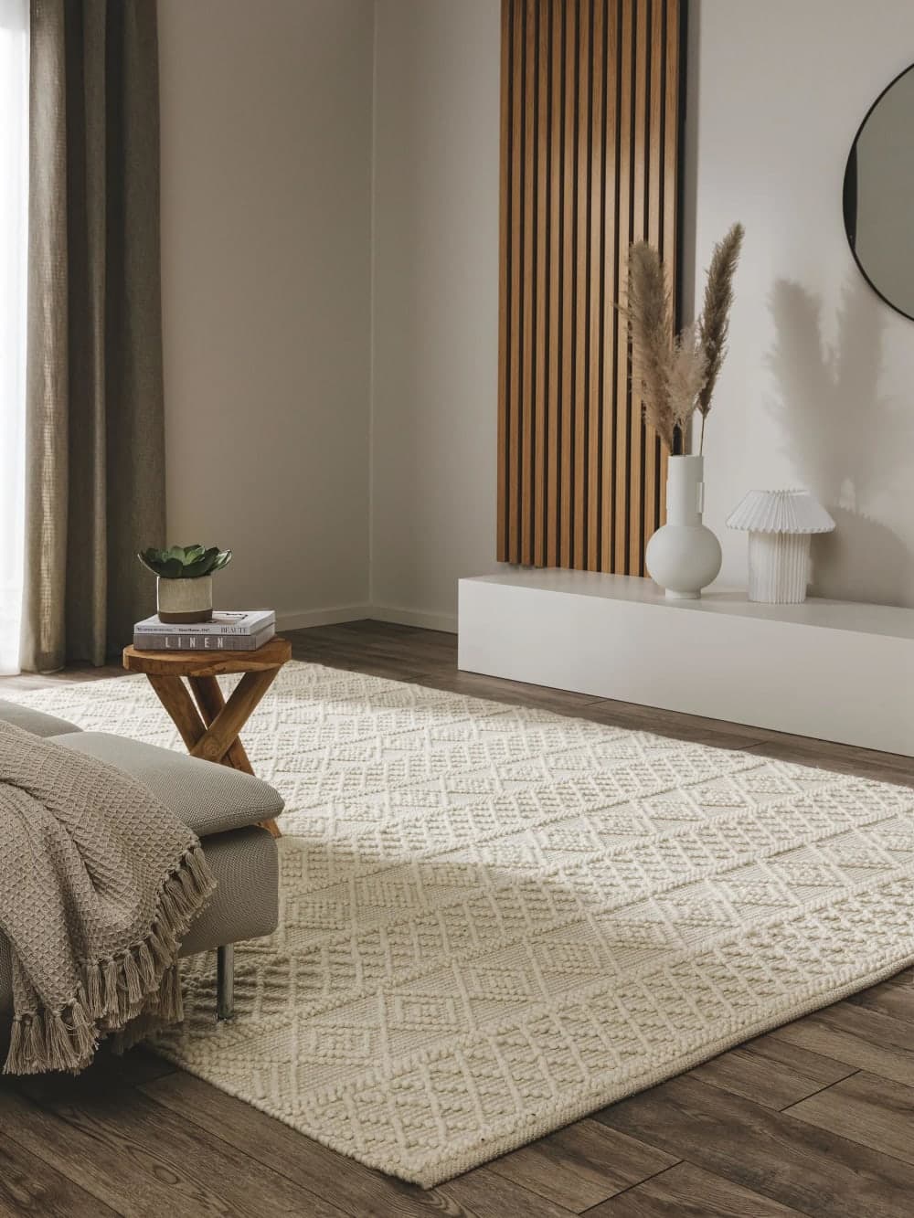 Alfombra crema rectangular 120x170 con textura geométrica