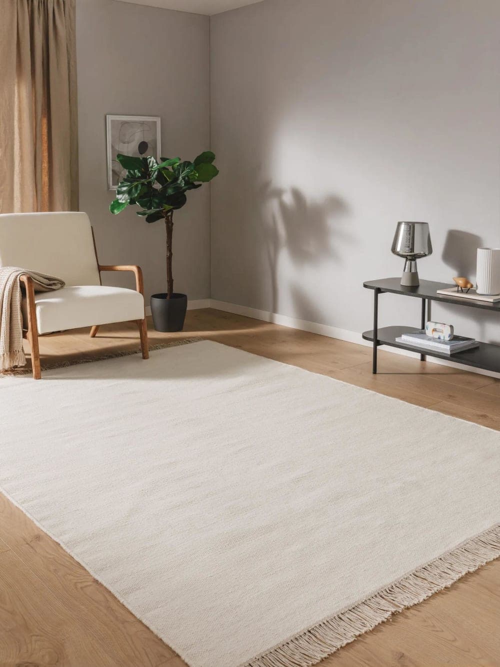 Alfombra de lana color crema con flecos 200x300 cm