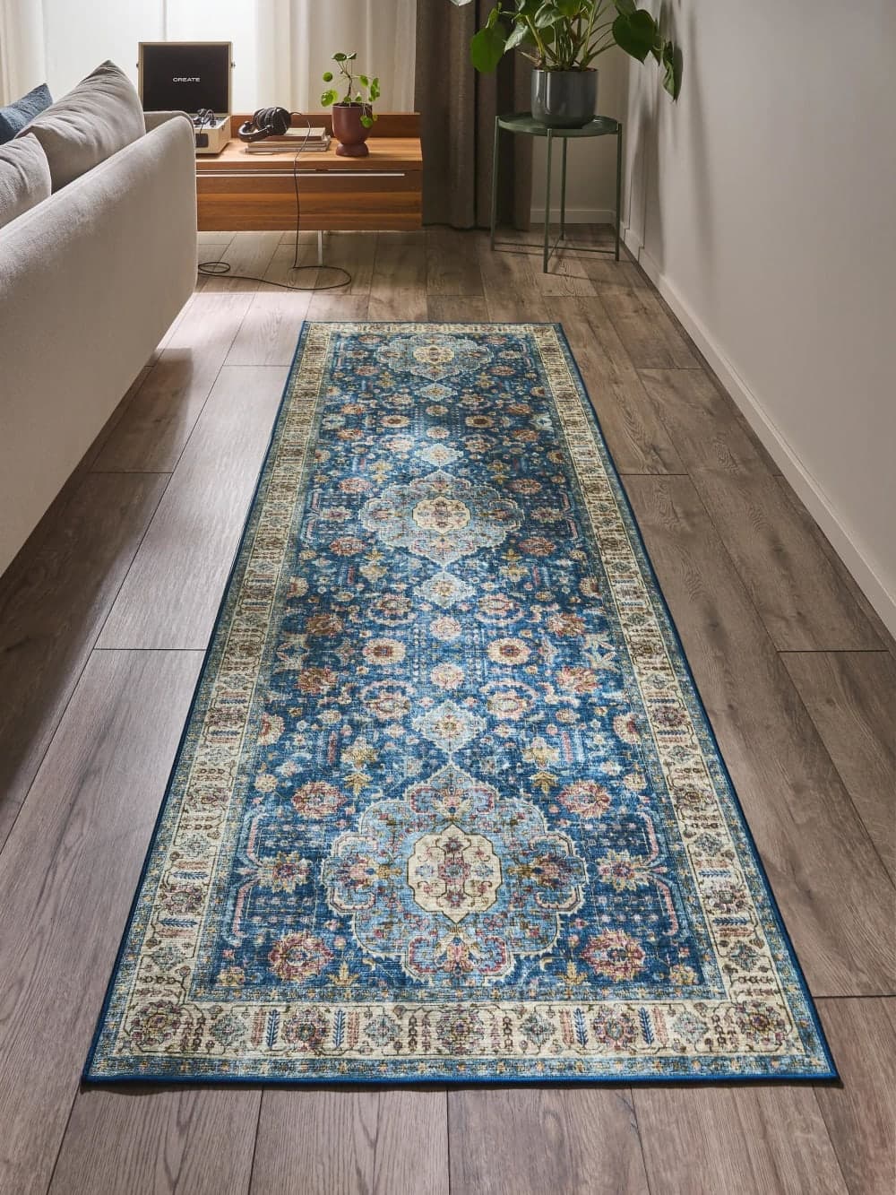Alfombra de pasillo azul estilo vintage 80x240